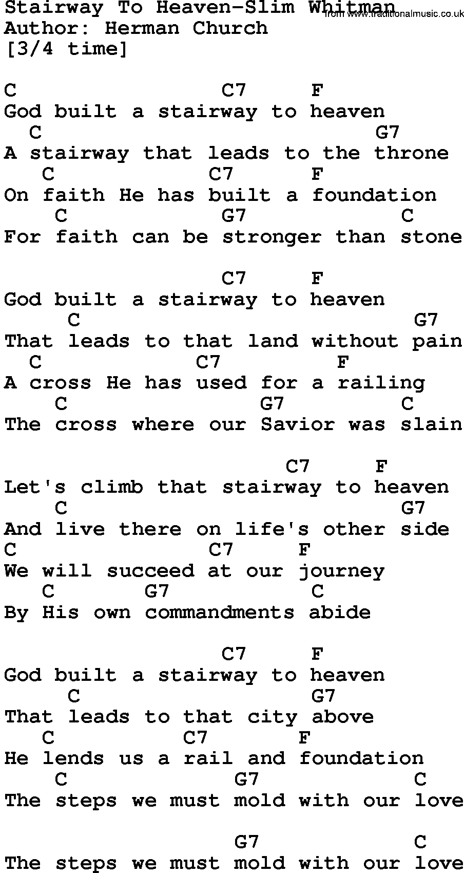 Country music song: Stairway To Heaven-Slim Whitman lyrics and chords