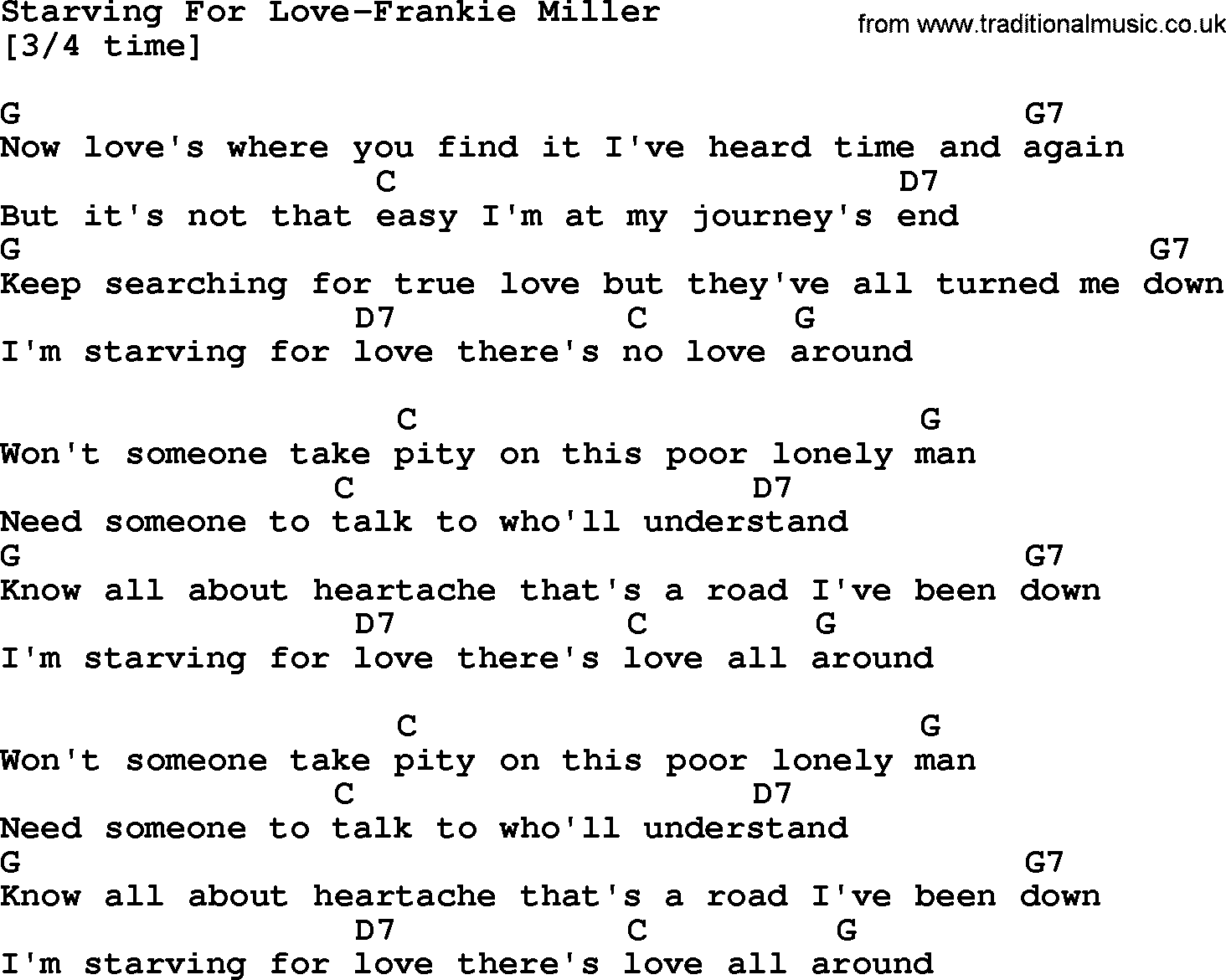 Country music song: Starving For Love-Frankie Miller lyrics and chords