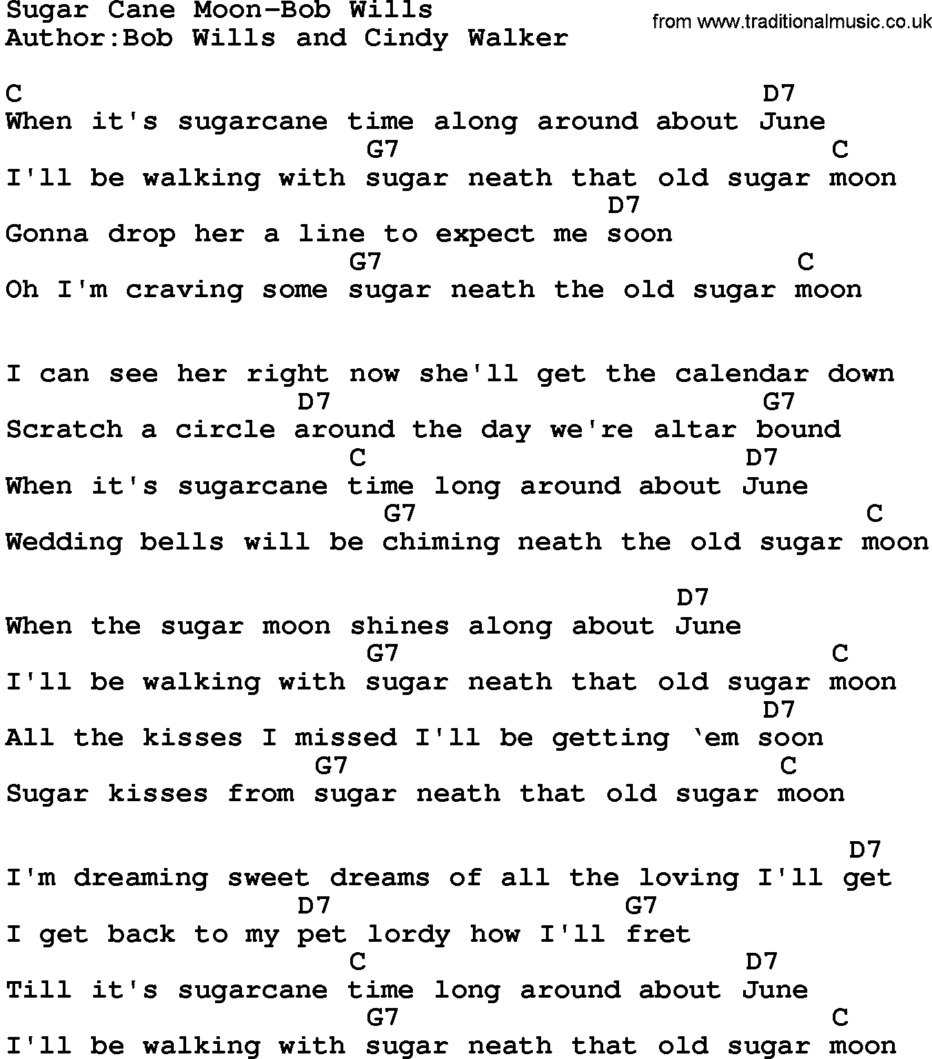 Country music song: Sugar Cane Moon-Bob Wills lyrics and chords