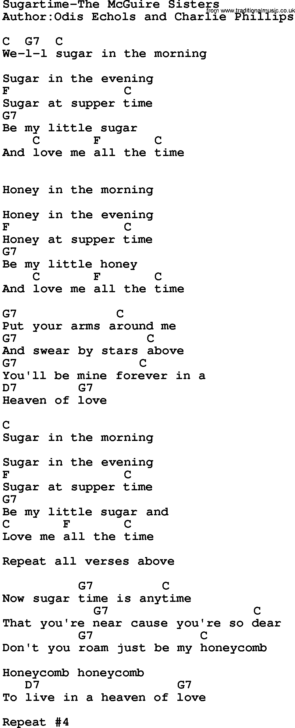 Country music song: Sugartime-The Mcguire Sisters lyrics and chords