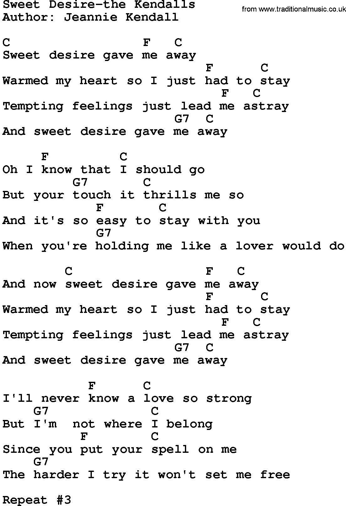 Country music song: Sweet Desire-The Kendalls lyrics and chords