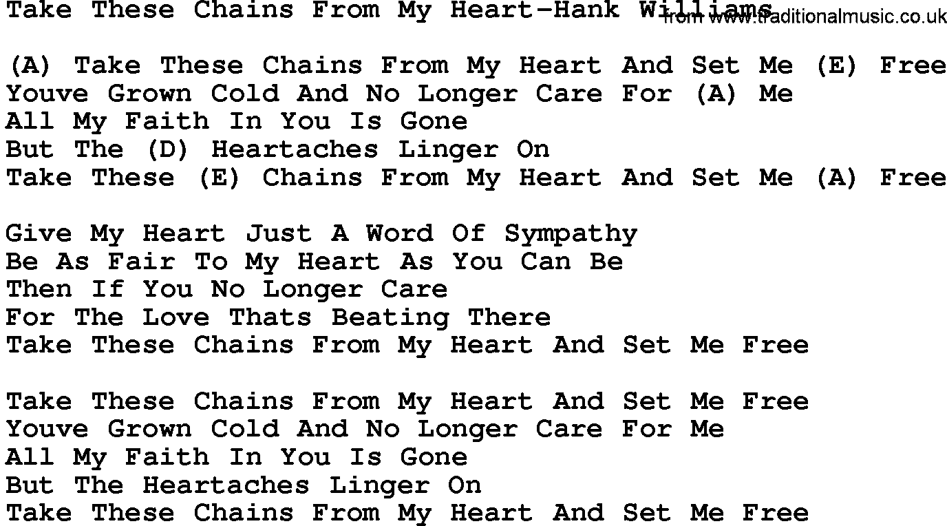 Country music song: Take These Chains From My Heart-Hank Williams lyrics and chords