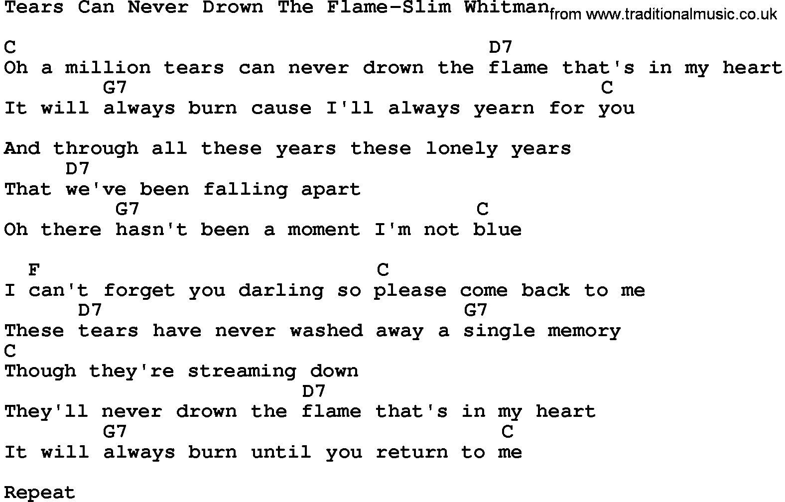 Country music song: Tears Can Never Drown The Flame-Slim Whitman lyrics and chords