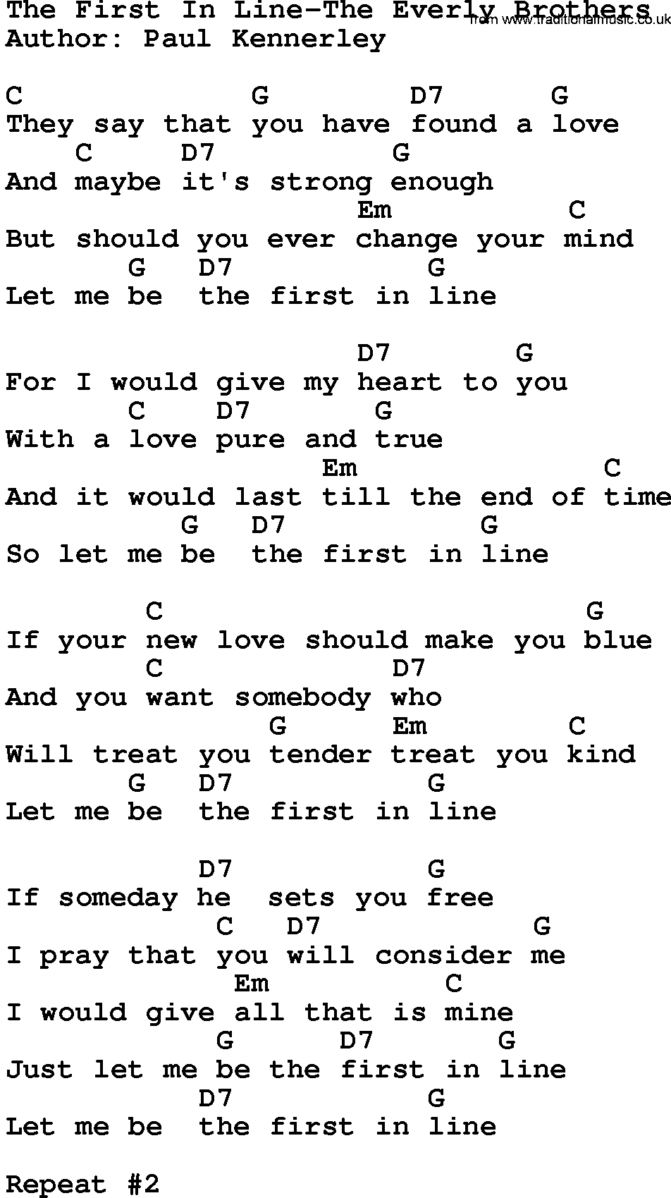 Country music song: The First In Line-The Everly Brothers lyrics and chords