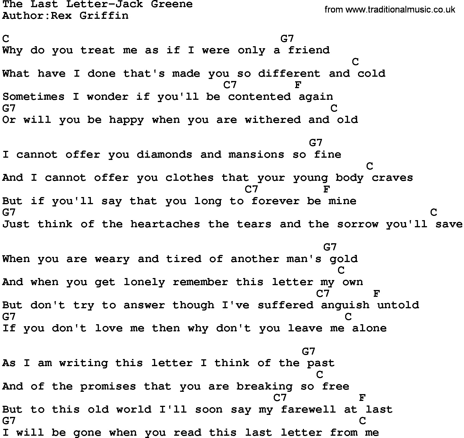 Country music song: The Last Letter-Jack Greene  lyrics and chords