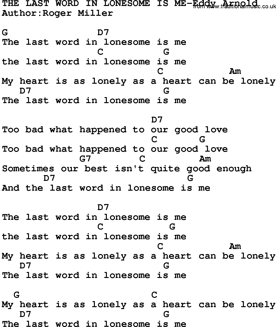 Country music song: The Last Word In Lonesome Is Me-Eddy Arnold  lyrics and chords