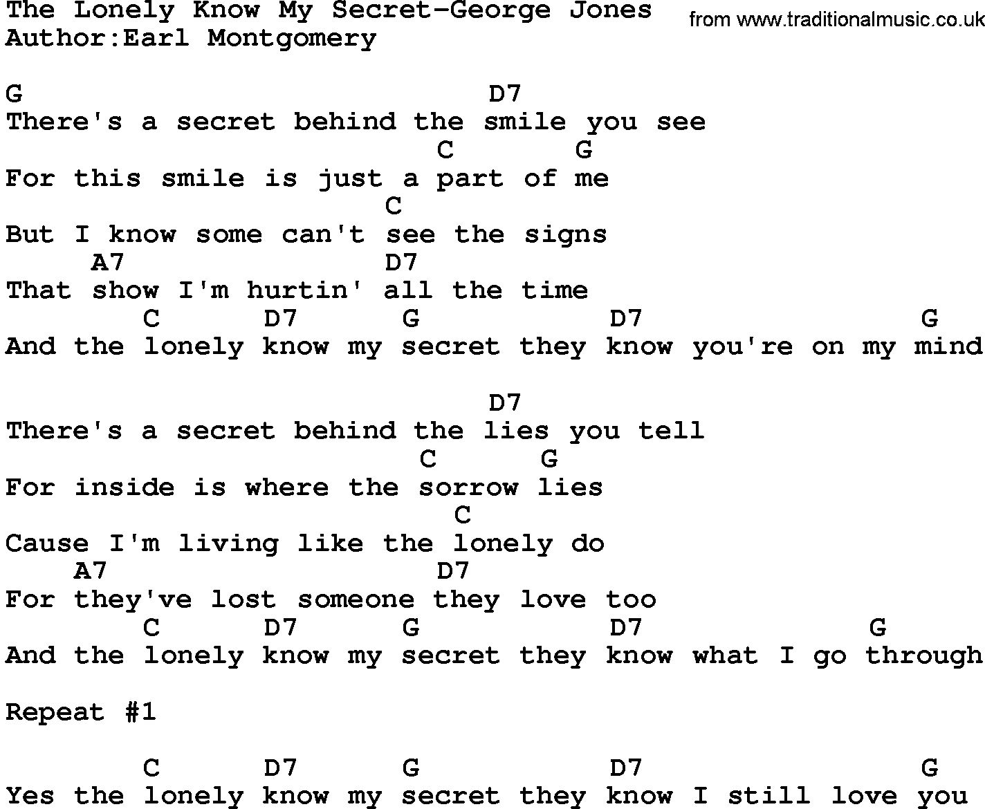 Country music song: The Lonely Know My Secret-George Jones lyrics and chords