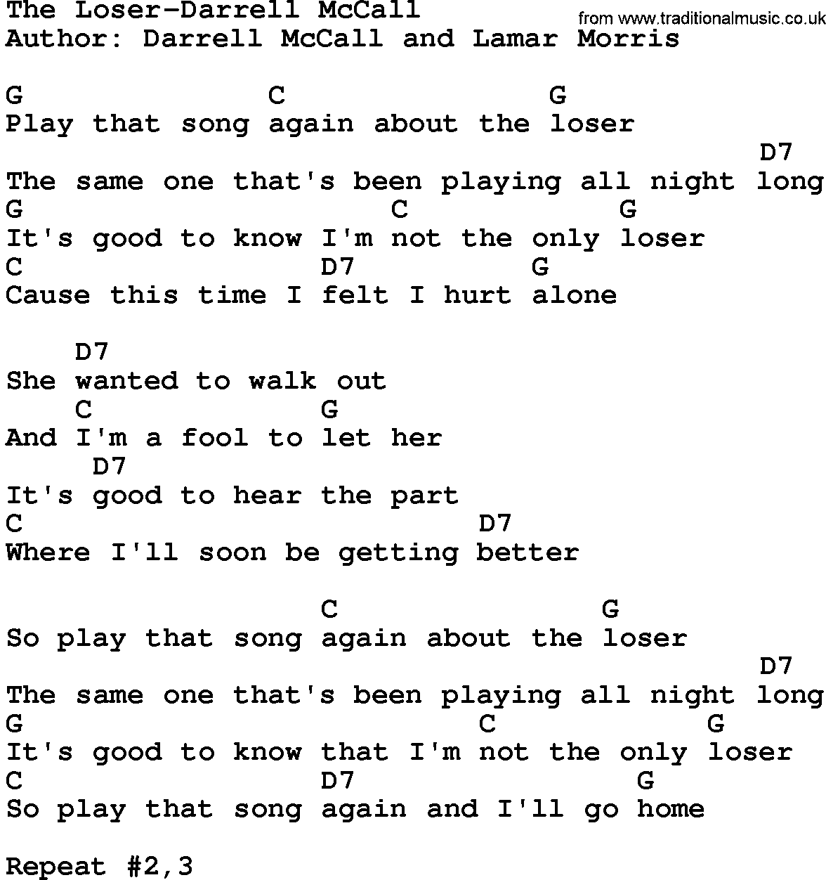 Country music song: The Loser-Darrell Mccall lyrics and chords