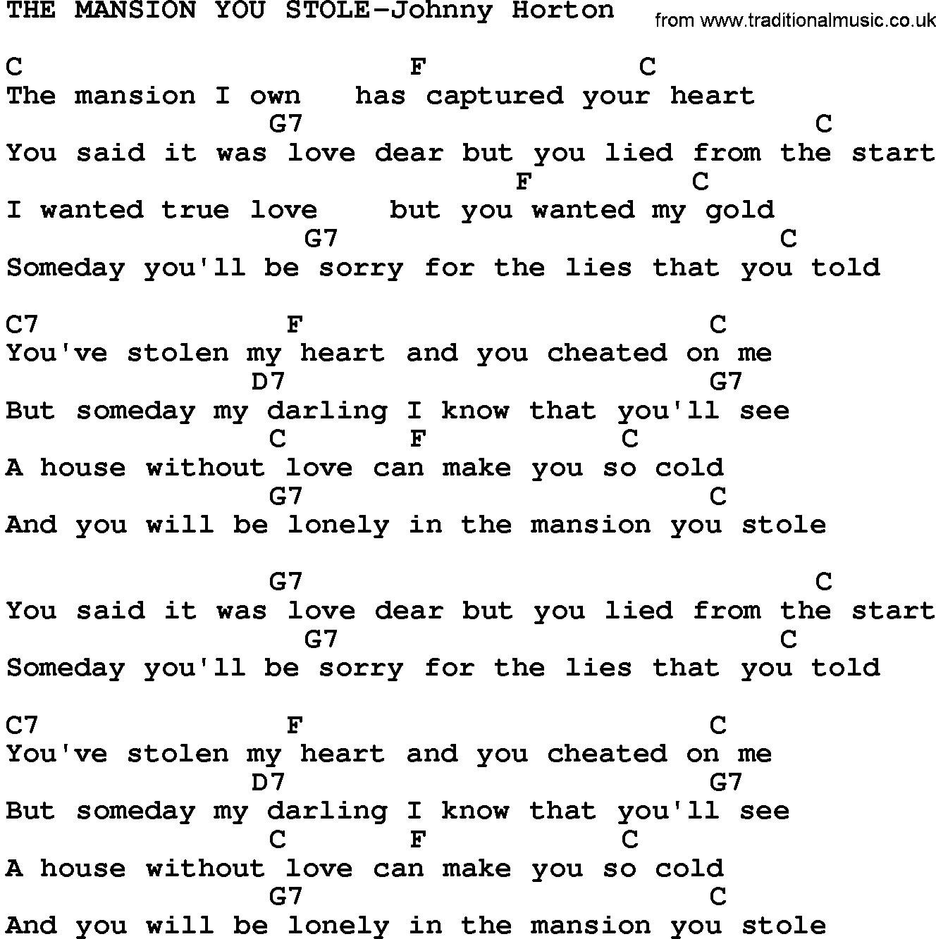 Country music song: The Mansion You Stole-Johnny Horton lyrics and chords