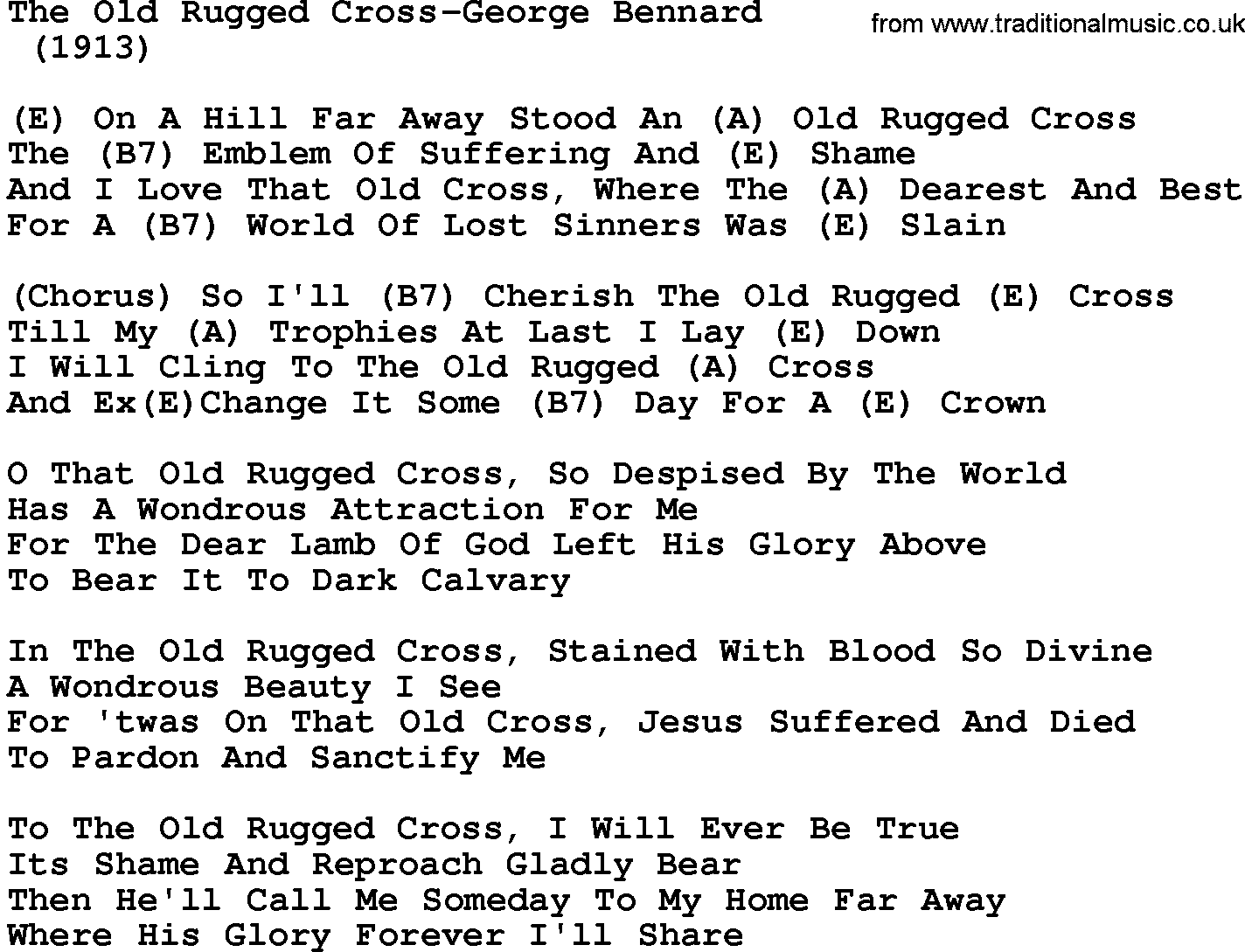 Country music song: The Old Rugged Cross-George Bennard lyrics and chords