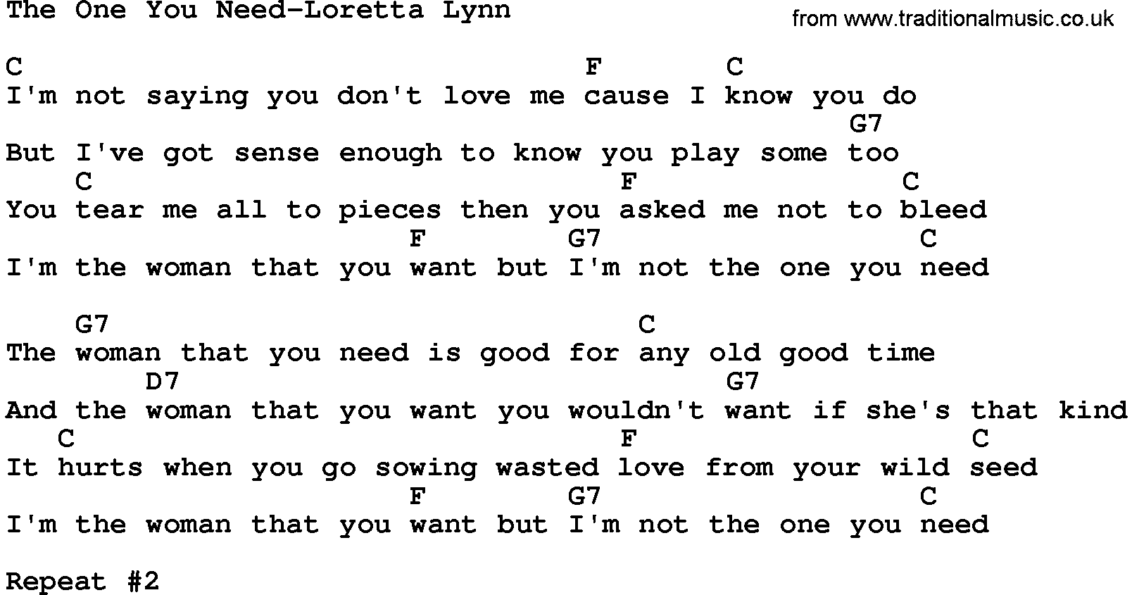 Country music song: The One You Need-Loretta Lynn lyrics and chords