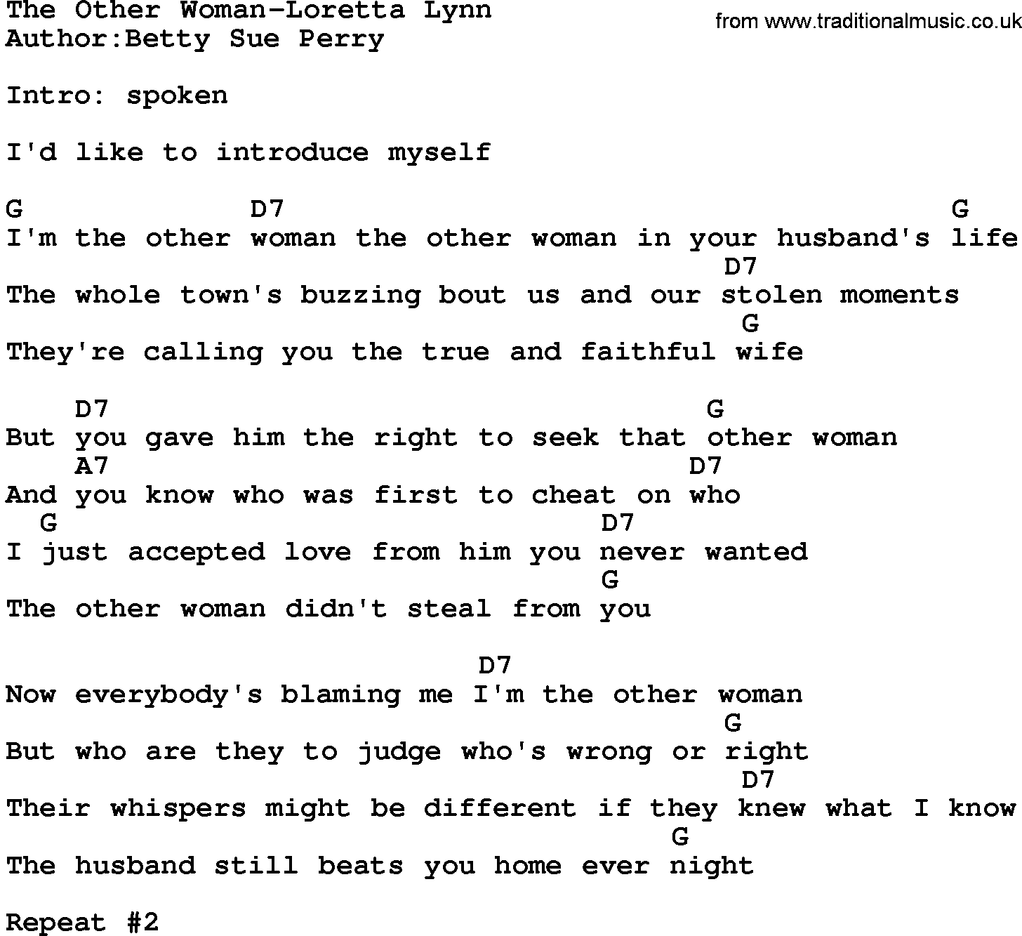 Country music song: The Other Woman-Loretta Lynn lyrics and chords