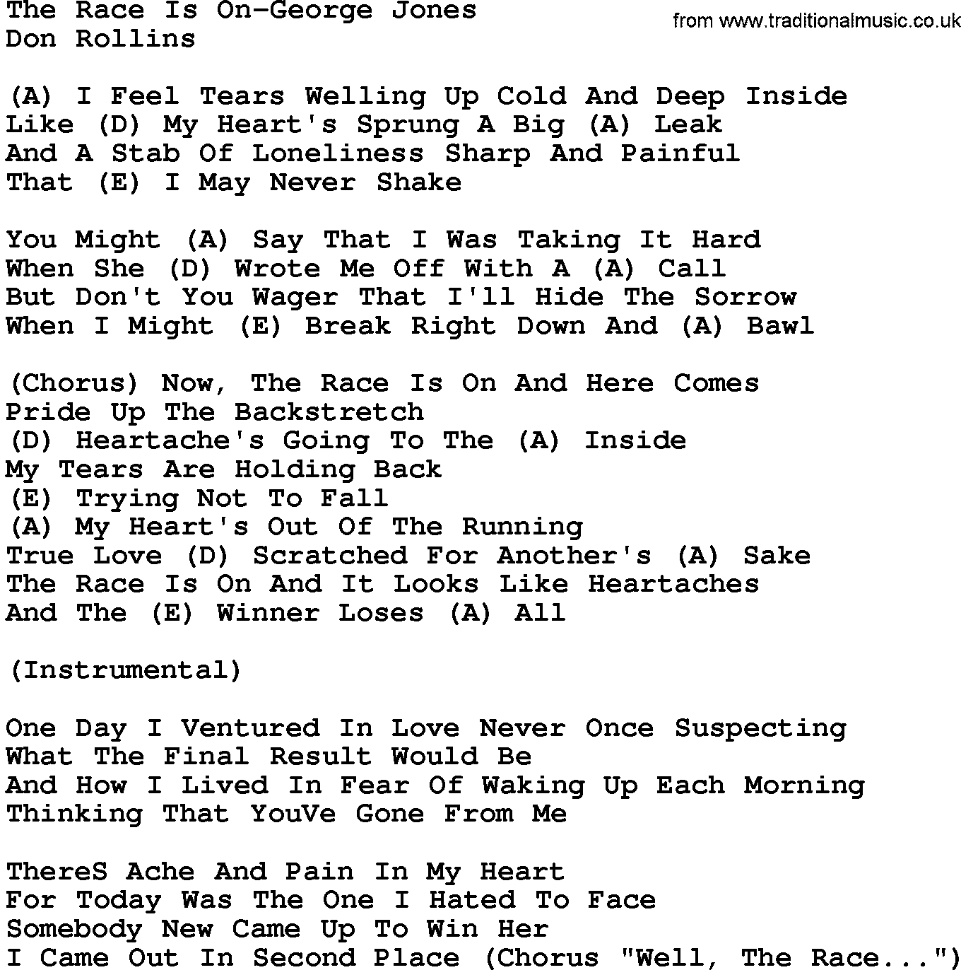 Country music song: The Race Is On-George Jones lyrics and chords