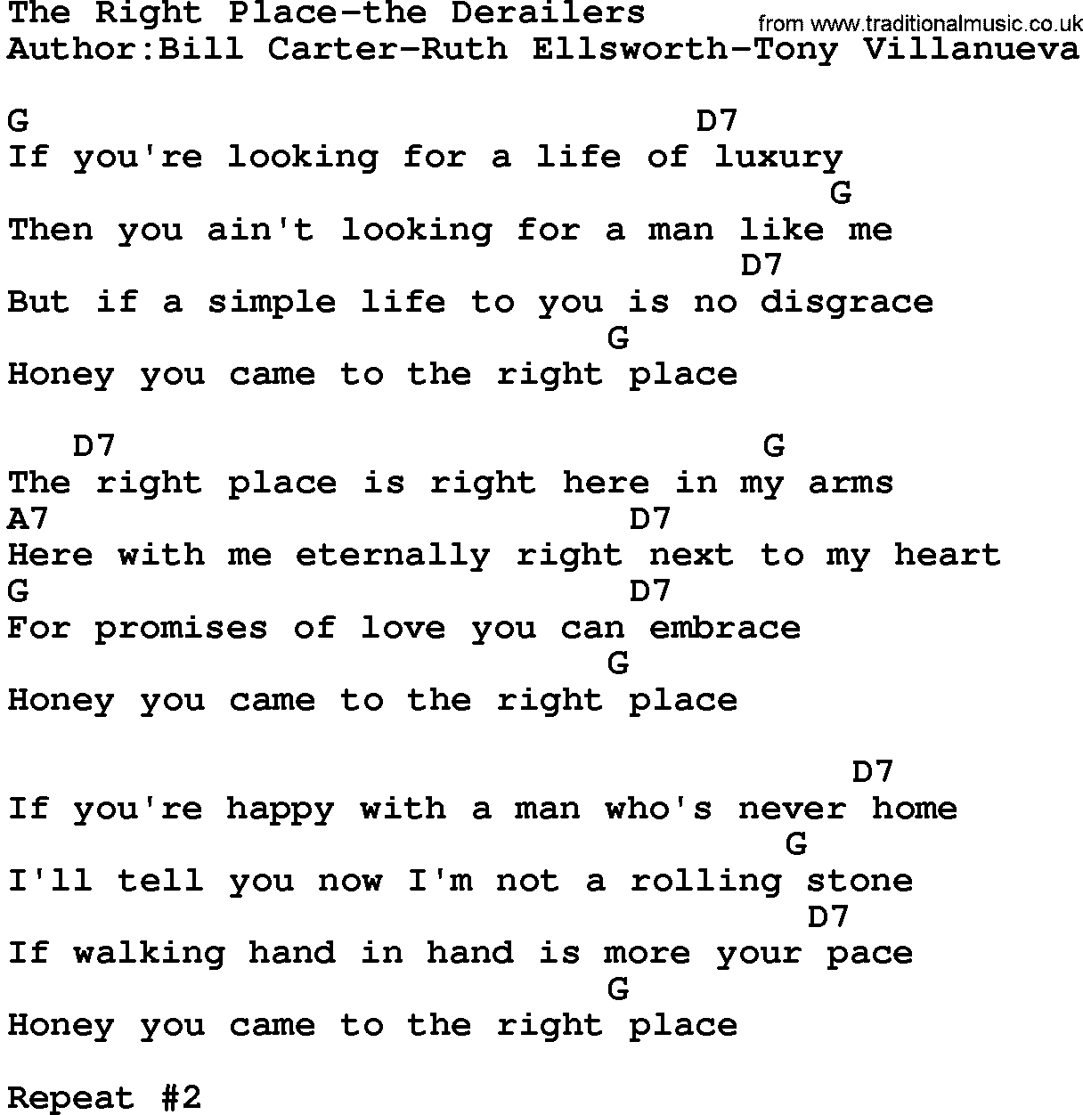 Country music song: The Right Place-The Derailers lyrics and chords