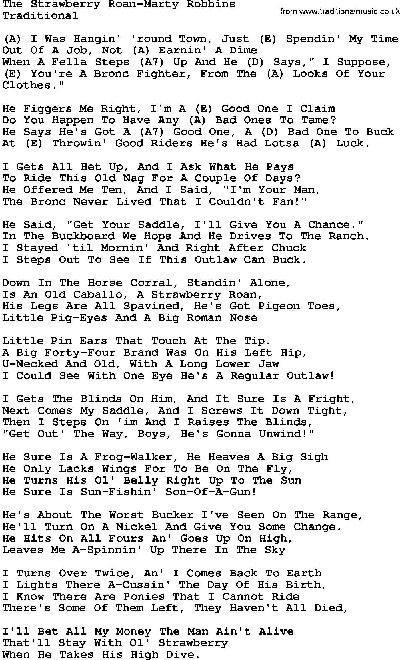 Country music song: The Strawberry Roan-Marty Robbins lyrics and chords