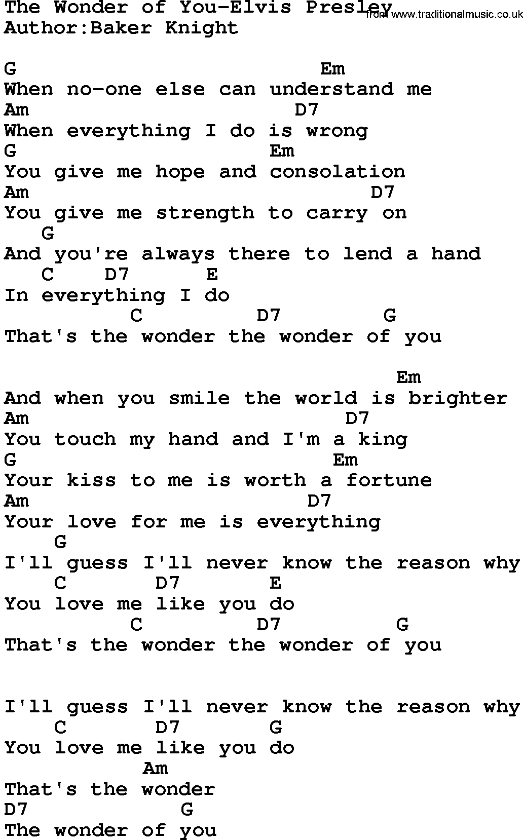 Country music song: The Wonder Of You-Elvis Presley lyrics and chords