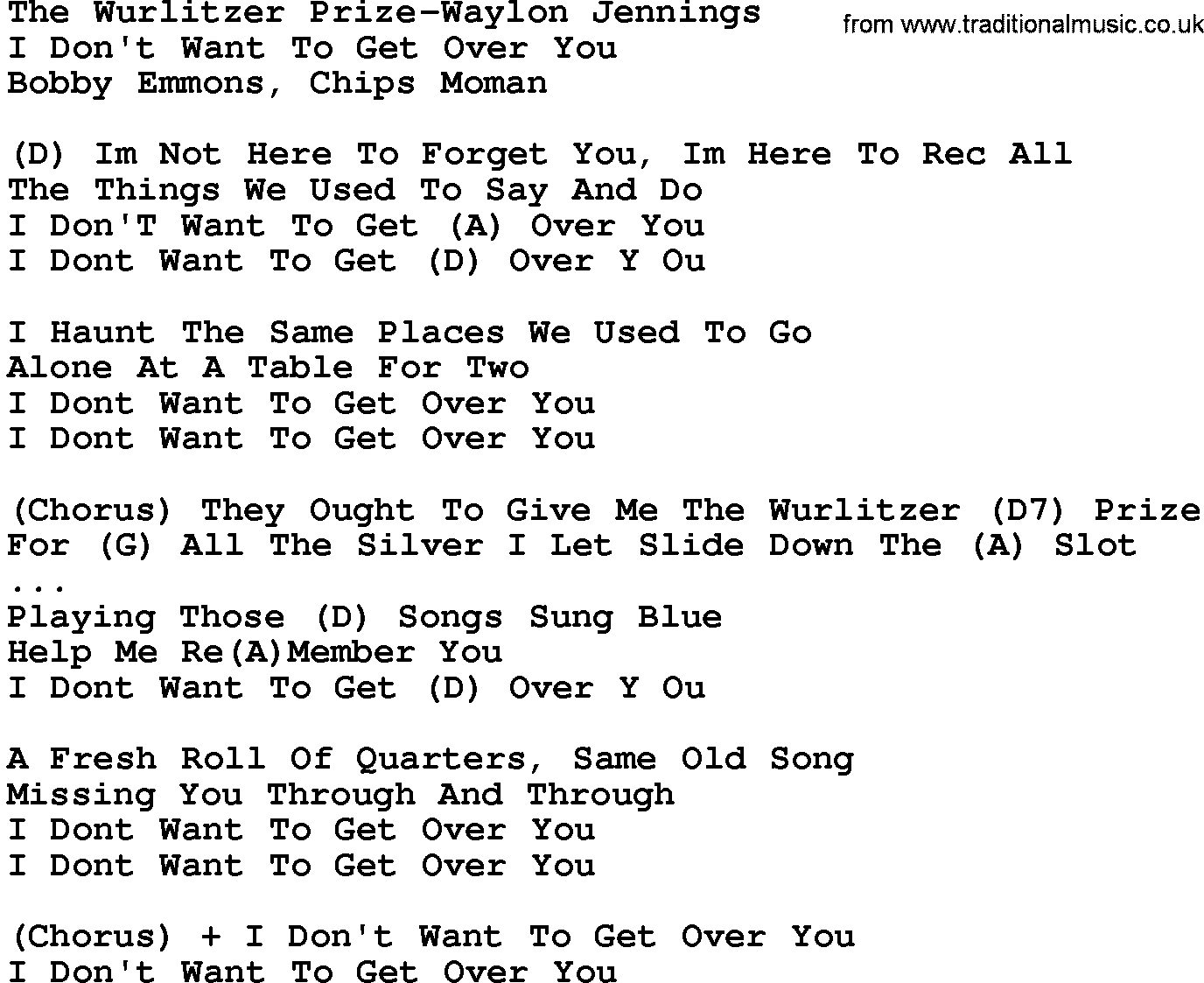 Country music song: The Wurlitzer Prize-Waylon Jennings lyrics and chords