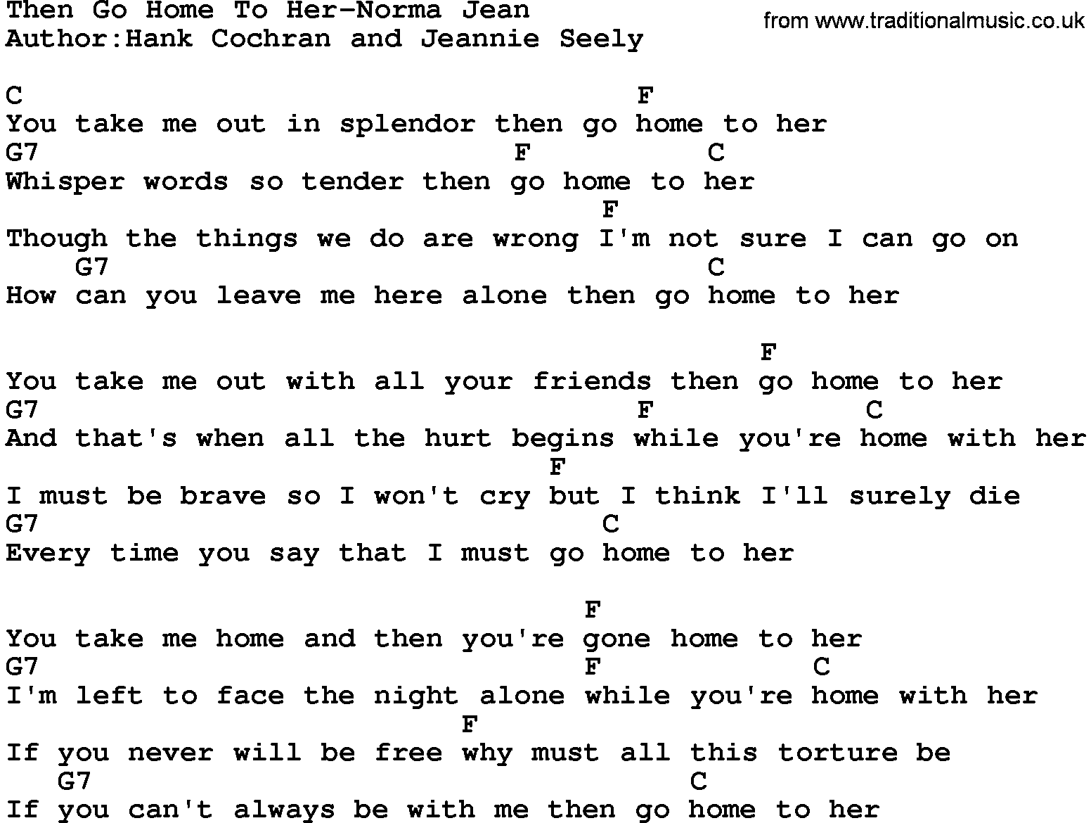 Country music song: Then Go Home To Her-Norma Jean lyrics and chords
