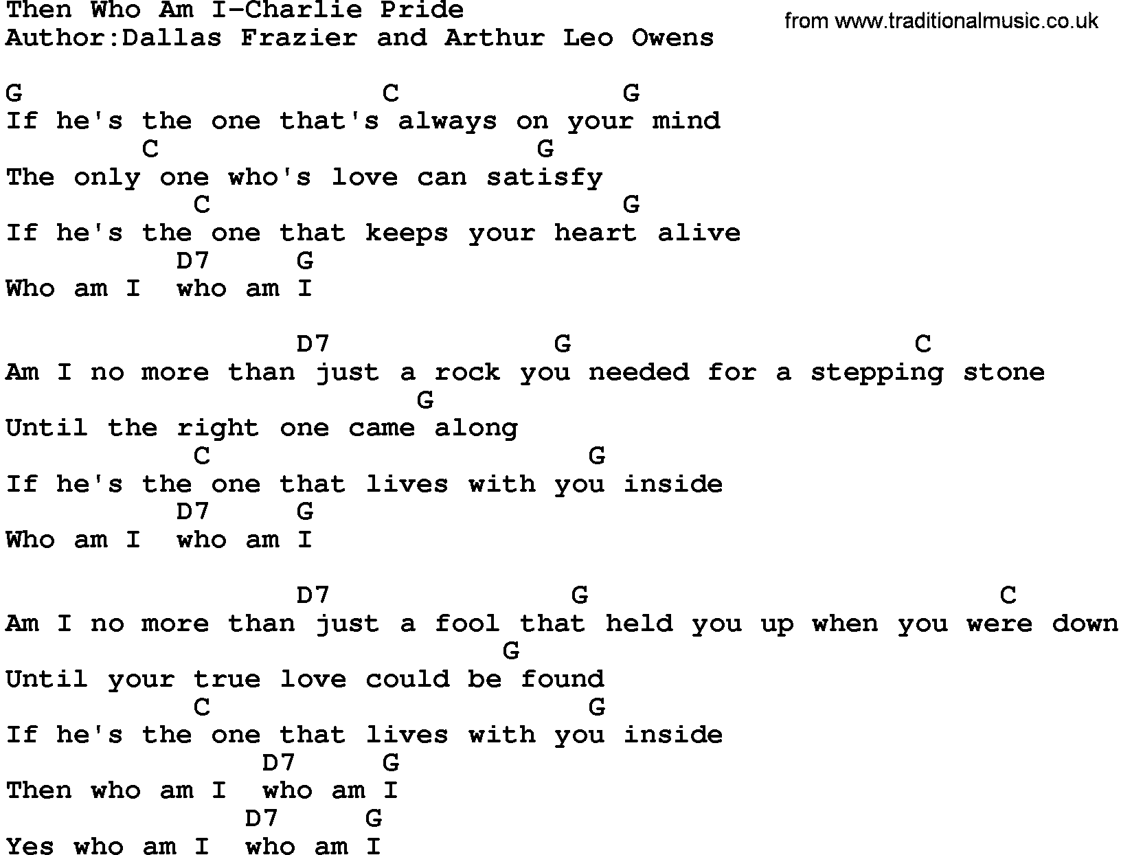 Country music song: Then Who Am I-Charlie Pride lyrics and chords