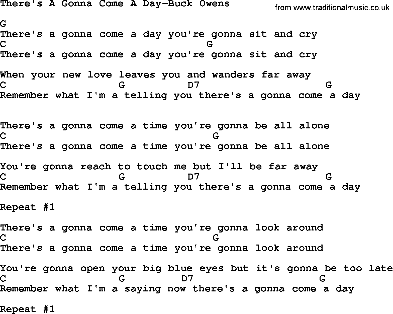 Country music song: There's A Gonna Come A Day-Buck Owens lyrics and chords