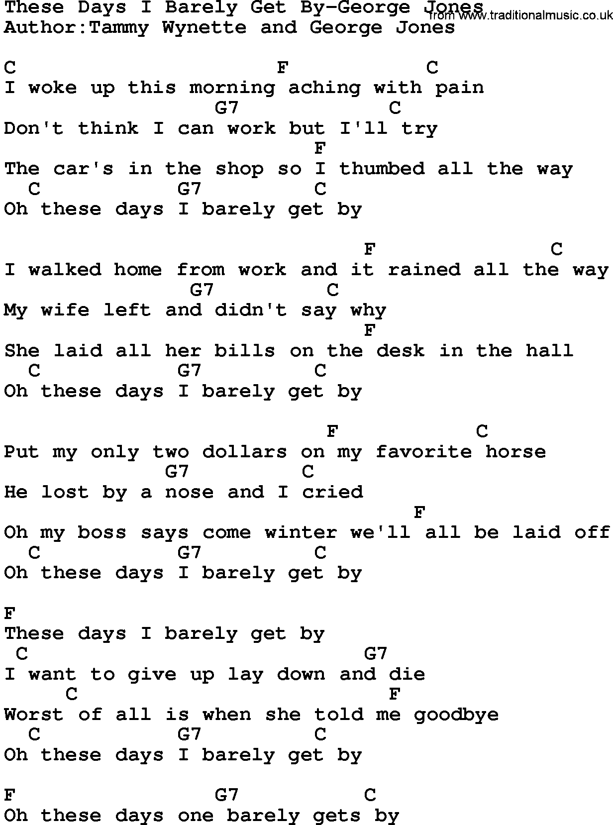 Country music song: These Days I Barely Get By-George Jones lyrics and chords