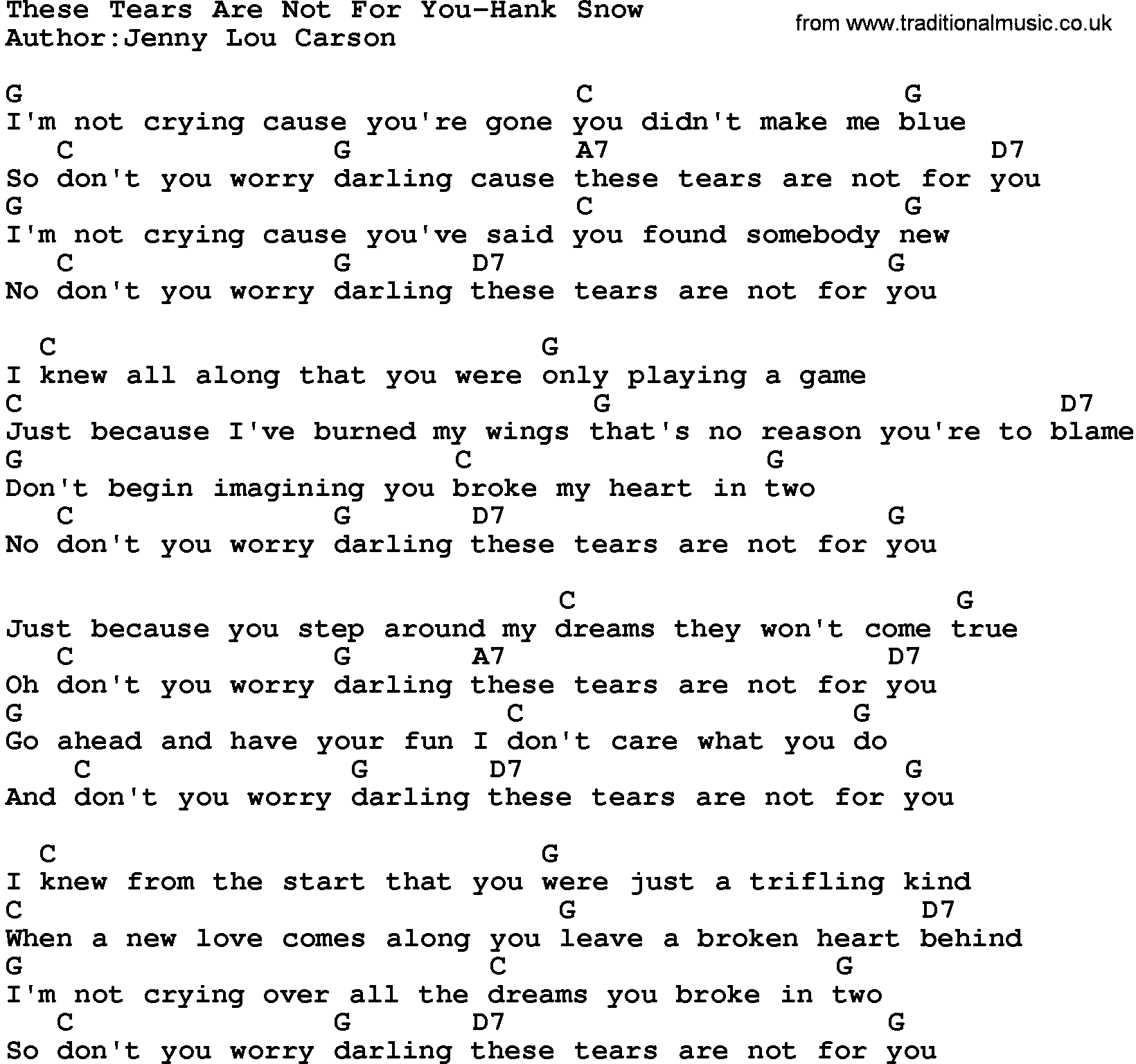 Country music song: These Tears Are Not For You-Hank Snow lyrics and chords