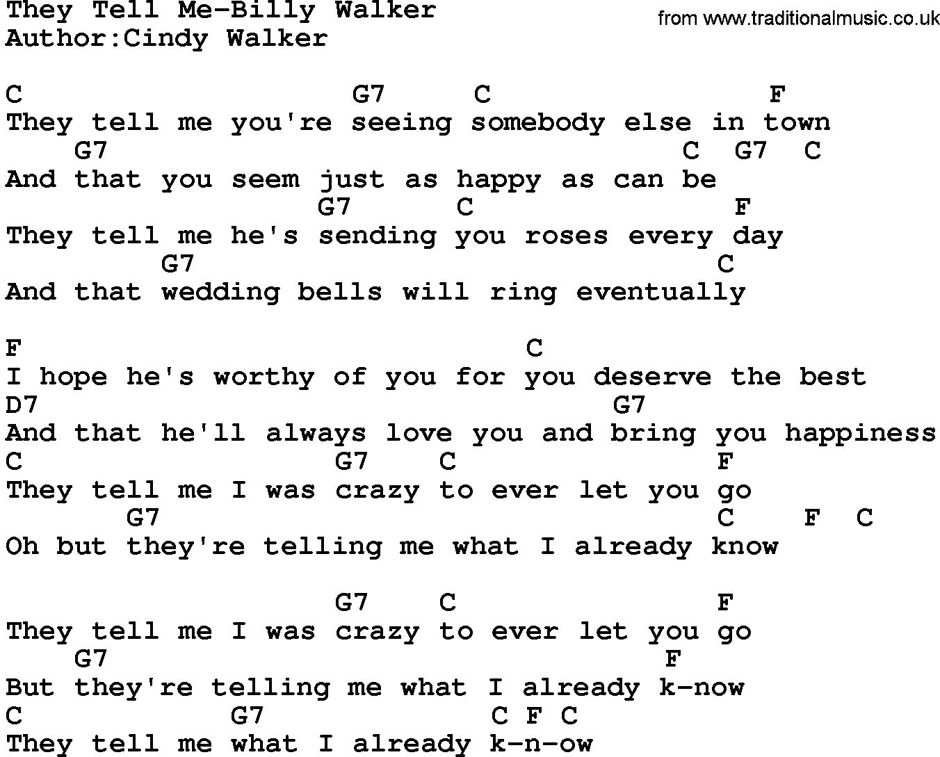Country music song: They Tell Me-Billy Walker lyrics and chords