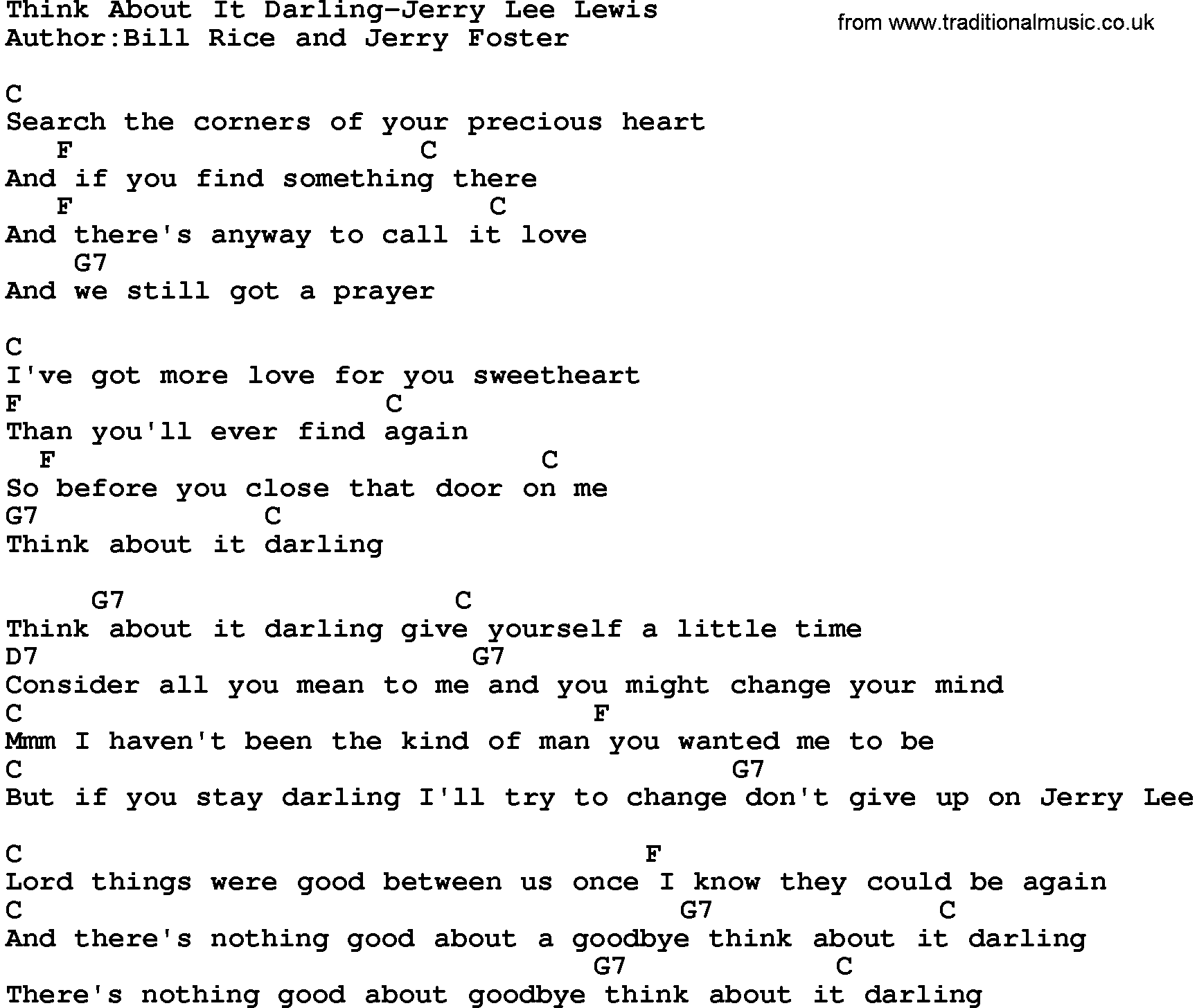 Country music song: Think About It Darling-Jerry Lee Lewis lyrics and chords