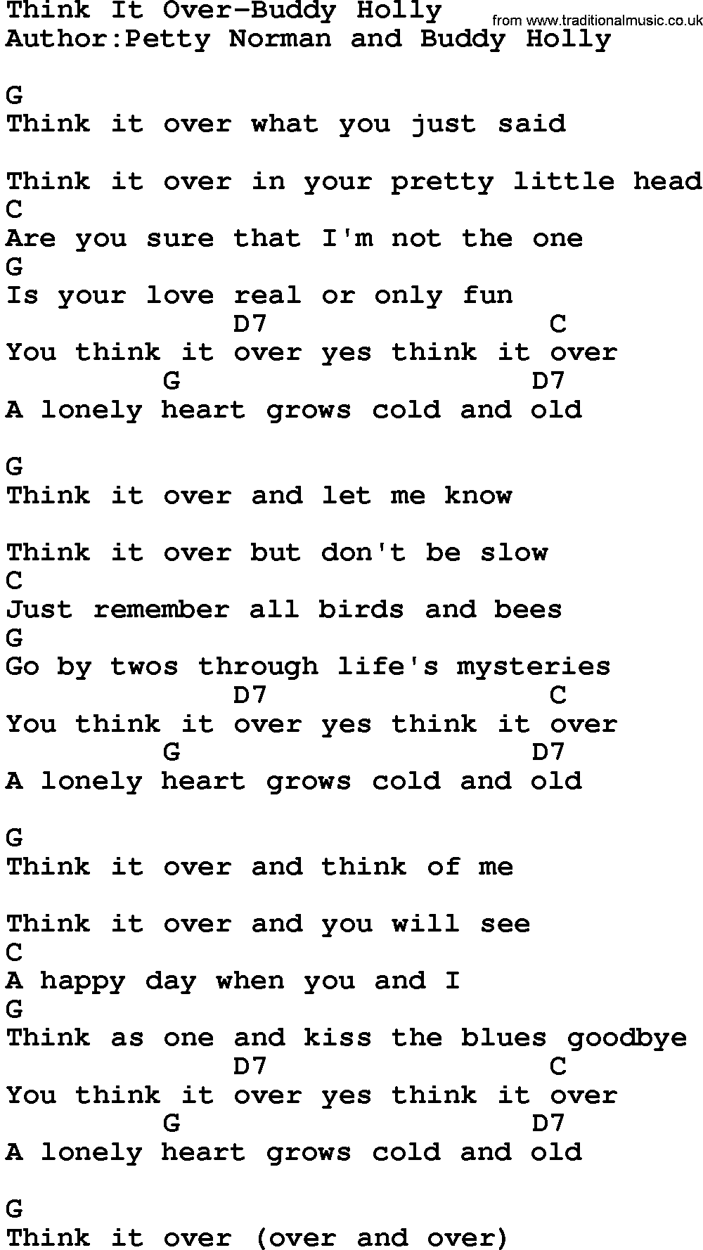 Country music song: Think It Over-Buddy Holly lyrics and chords