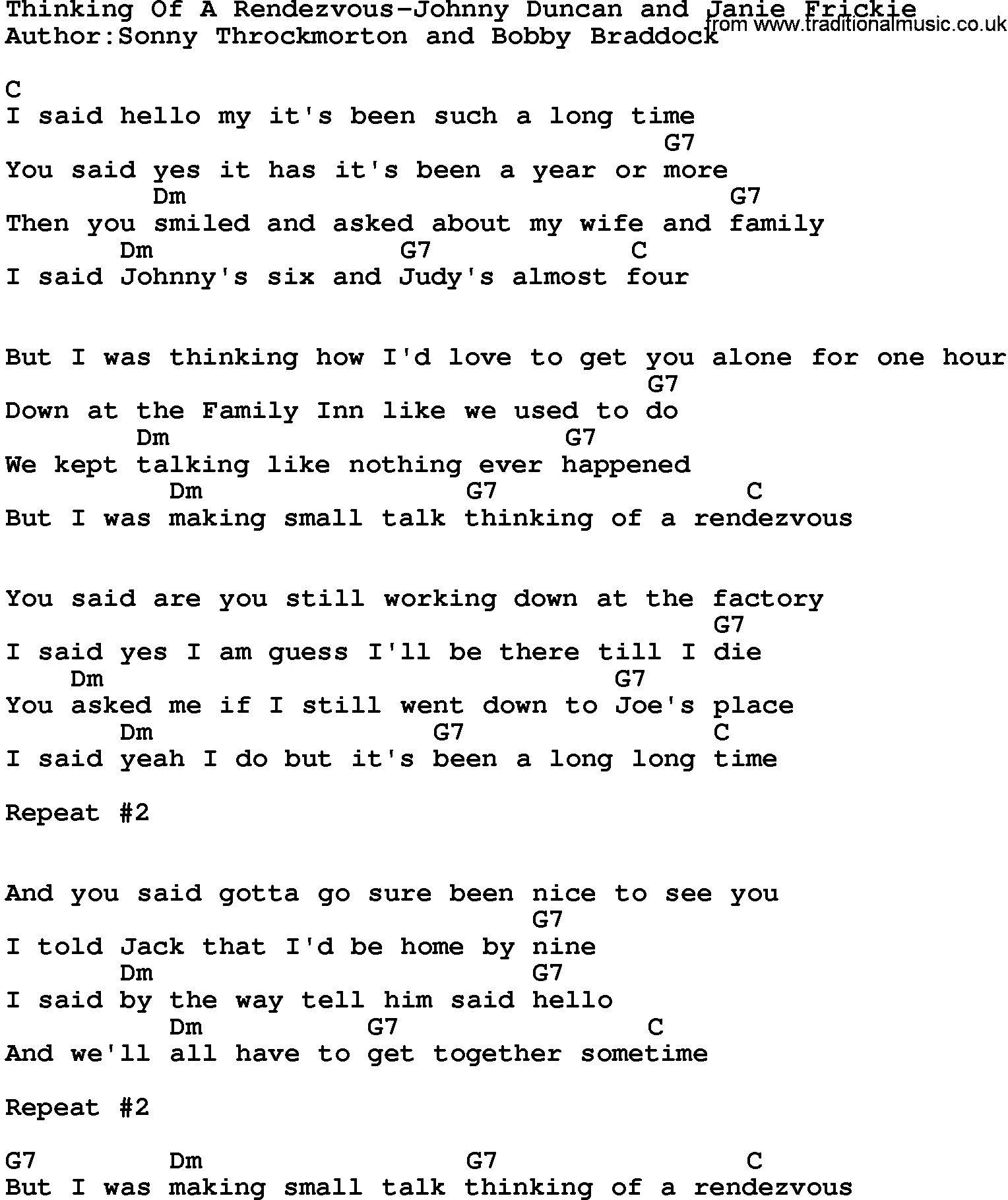 Country music song: Thinking Of A Rendezvous-Johnny Duncan And Janie Frickie lyrics and chords