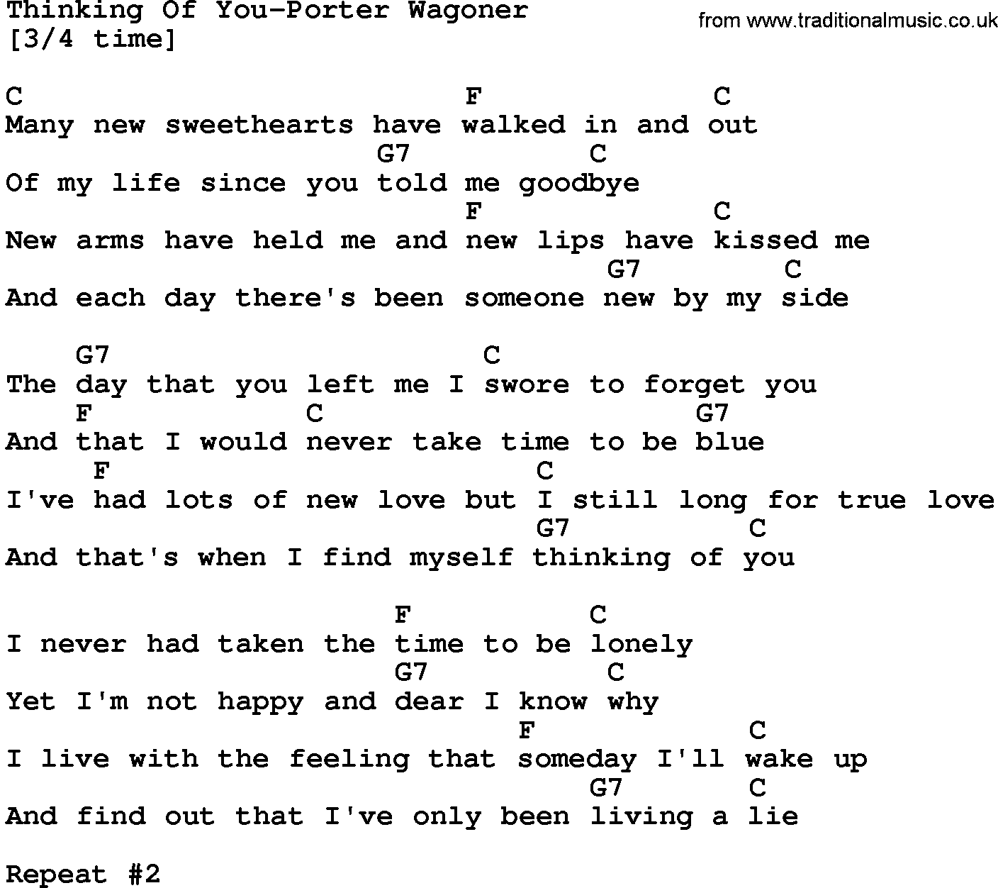 Country music song: Thinking Of You-Porter Wagoner lyrics and chords
