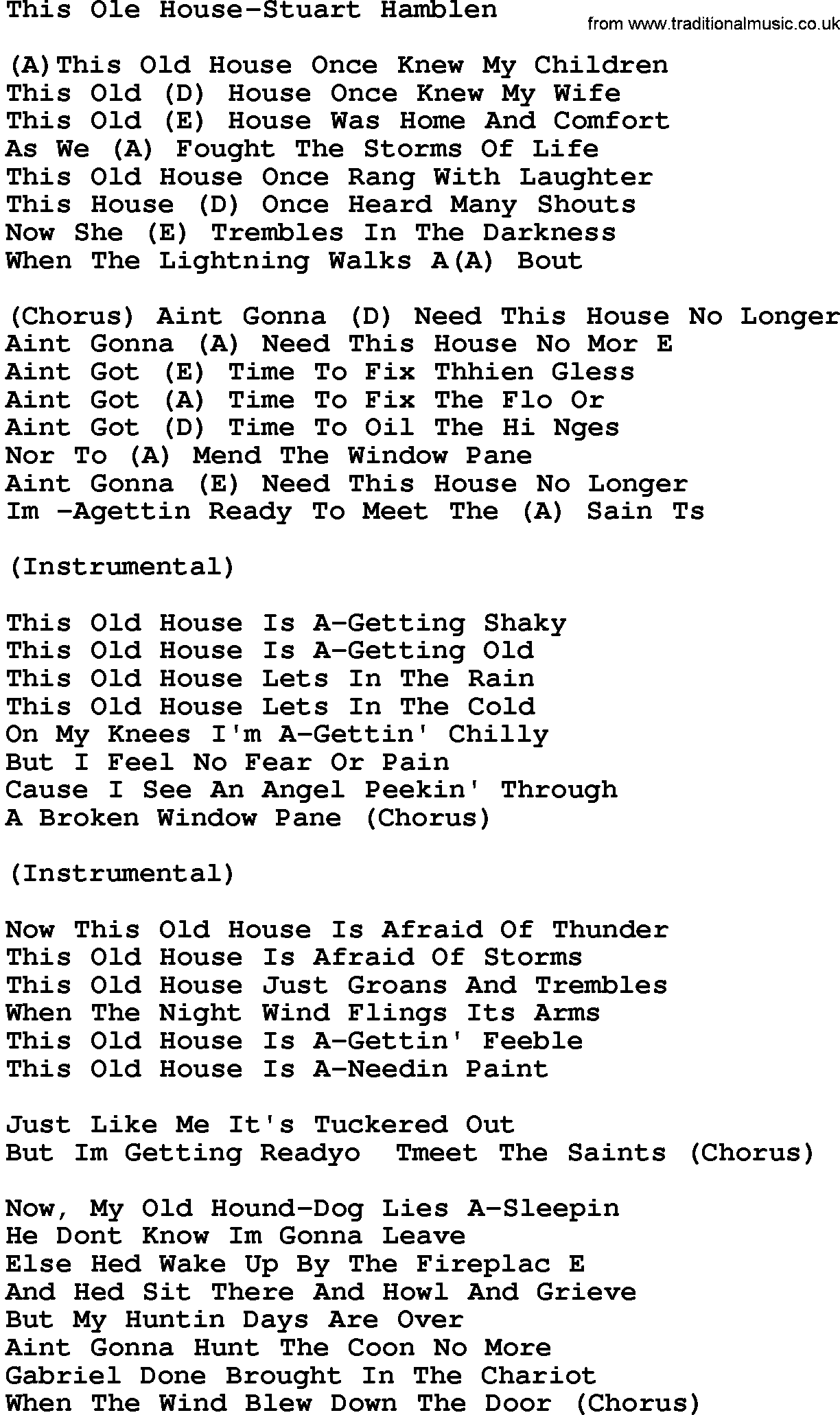 Country music song: This Ole House-Stuart Hamblen lyrics and chords