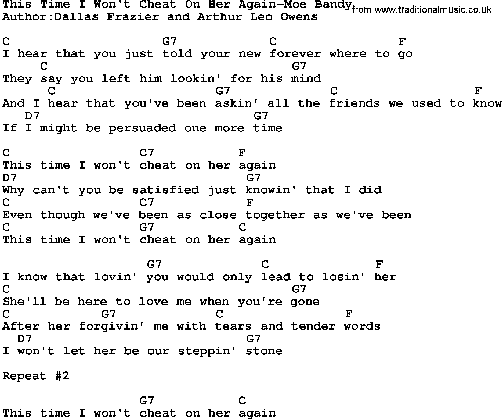 Country music song: This Time I Won't Cheat On Her Again-Moe Bandy lyrics and chords