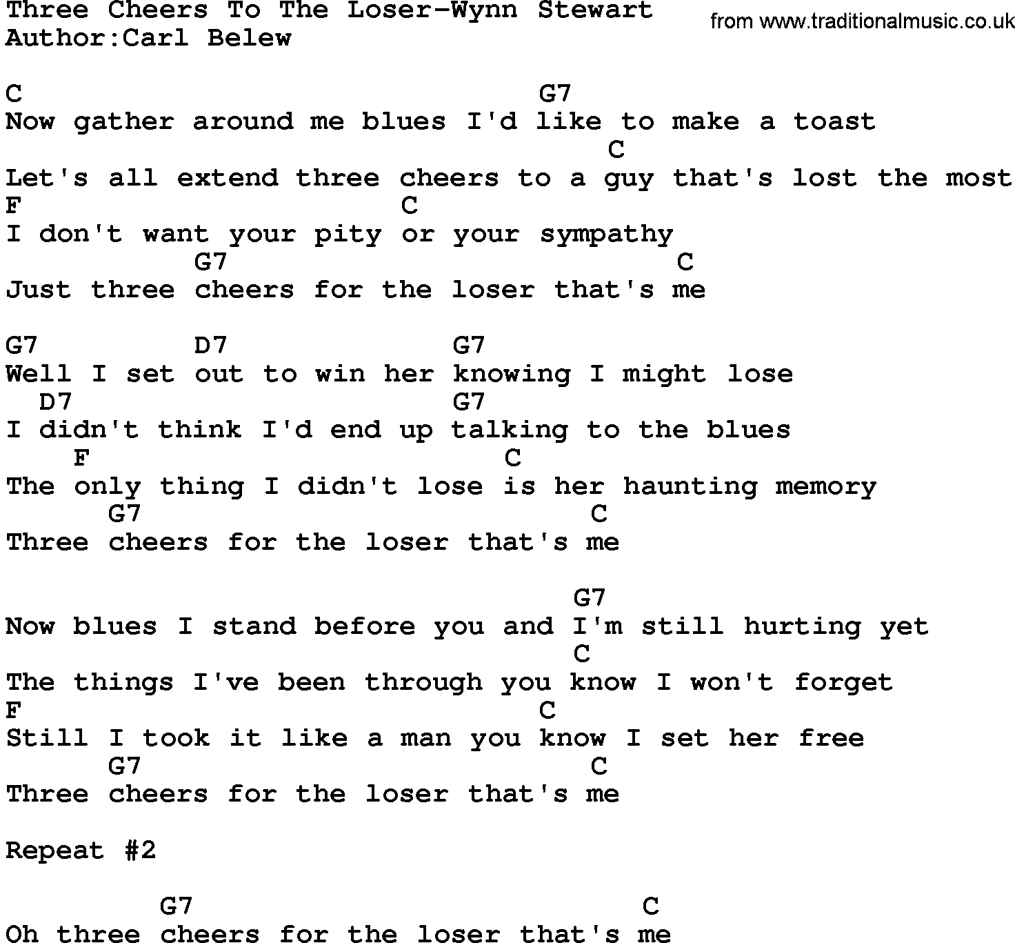 Country music song: Three Cheers To The Loser-Wynn Stewart lyrics and chords