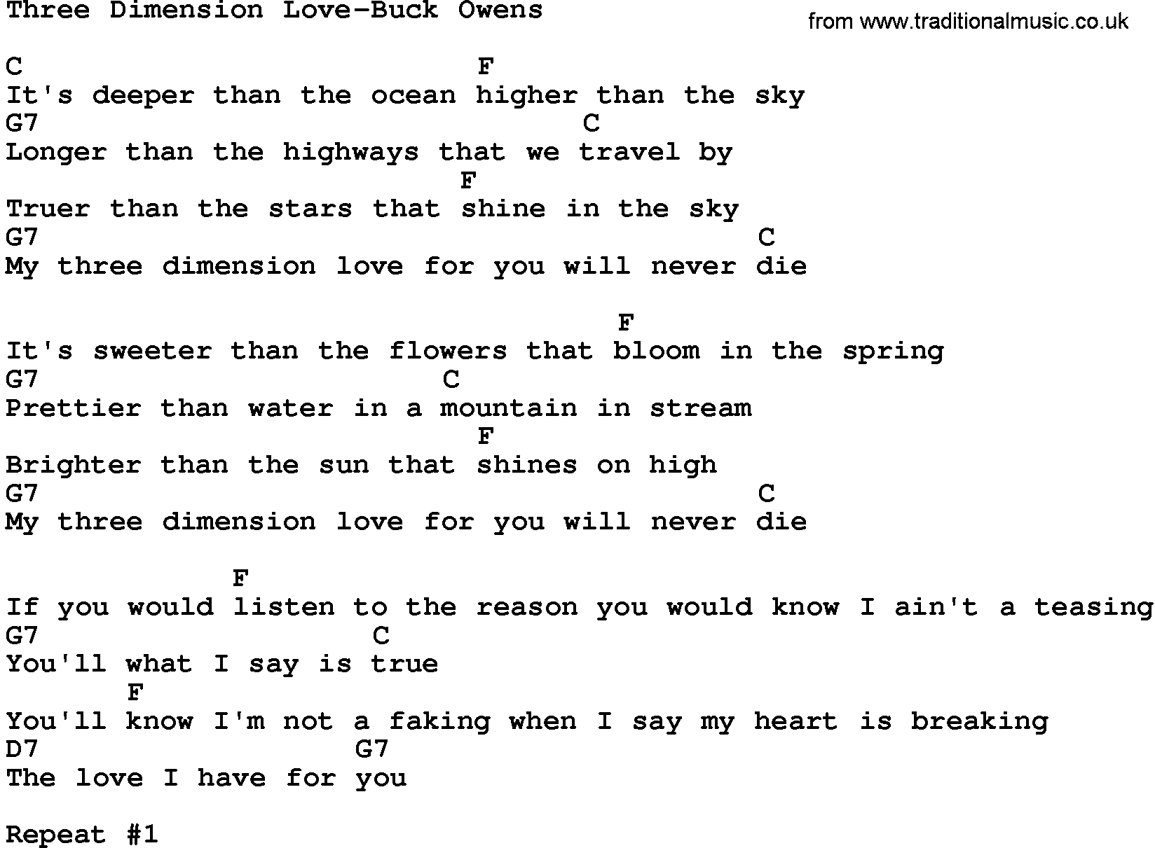 Country music song: Three Dimension Love-Buck Owens lyrics and chords
