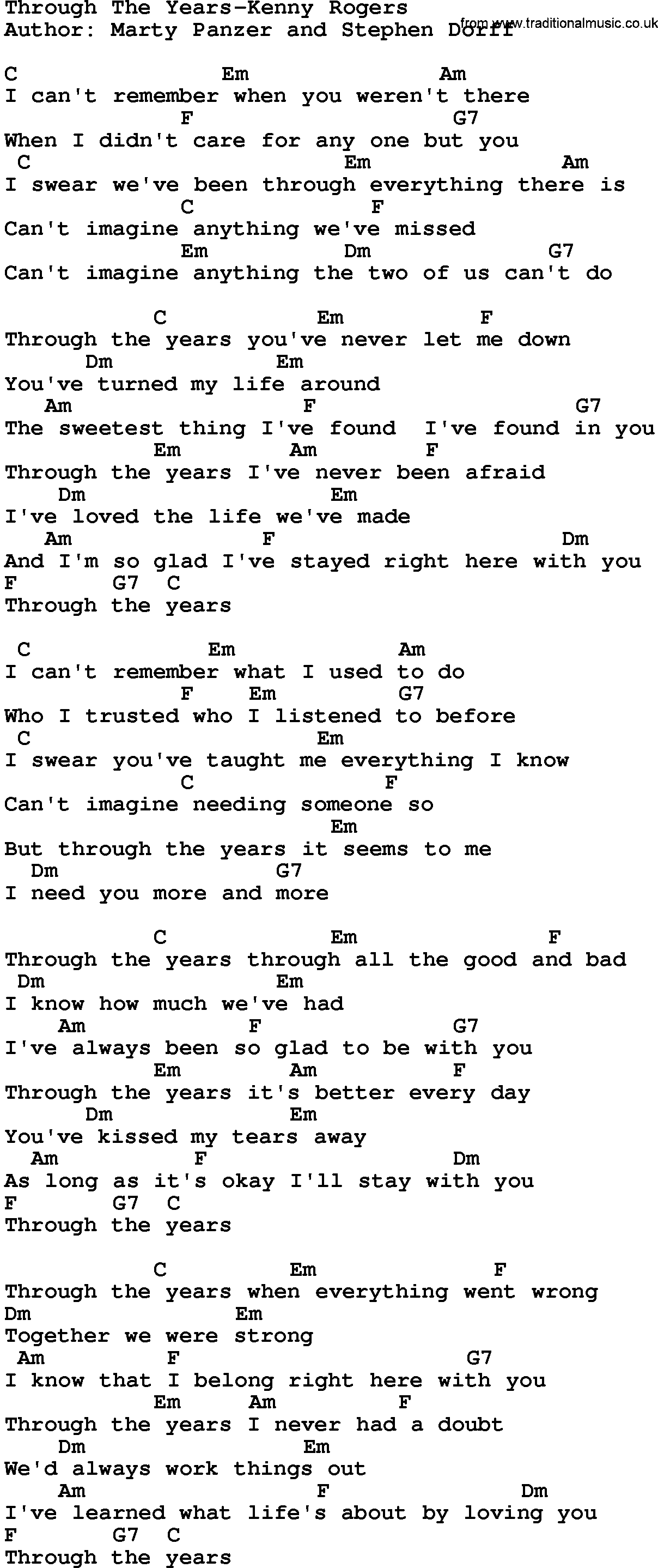 Country music song: Through The Years-Kenny Rogers lyrics and chords
