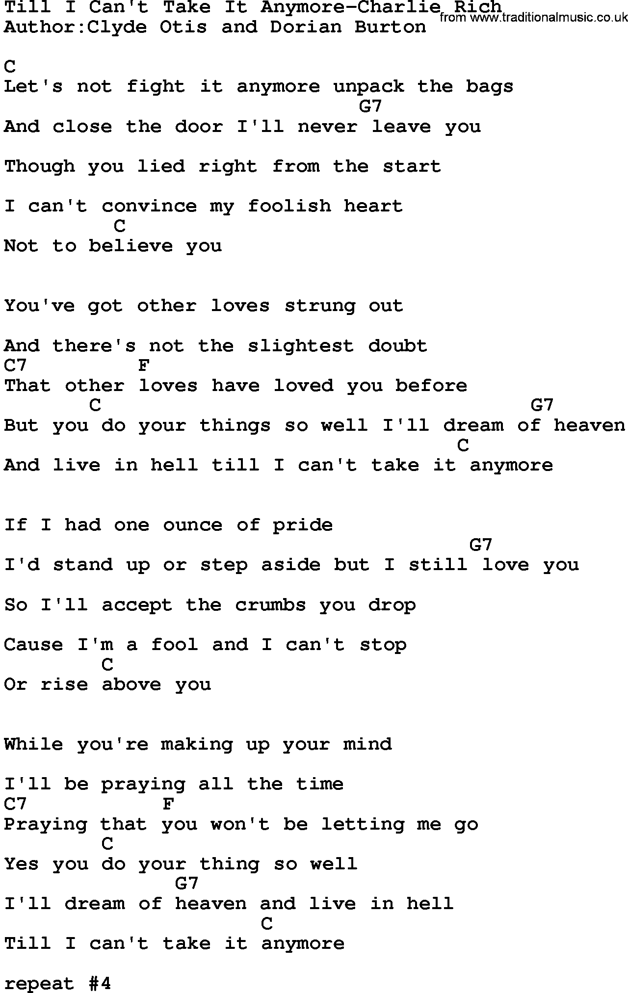 Country music song: Till I Can't Take It Anymore-Charlie Rich lyrics and chords