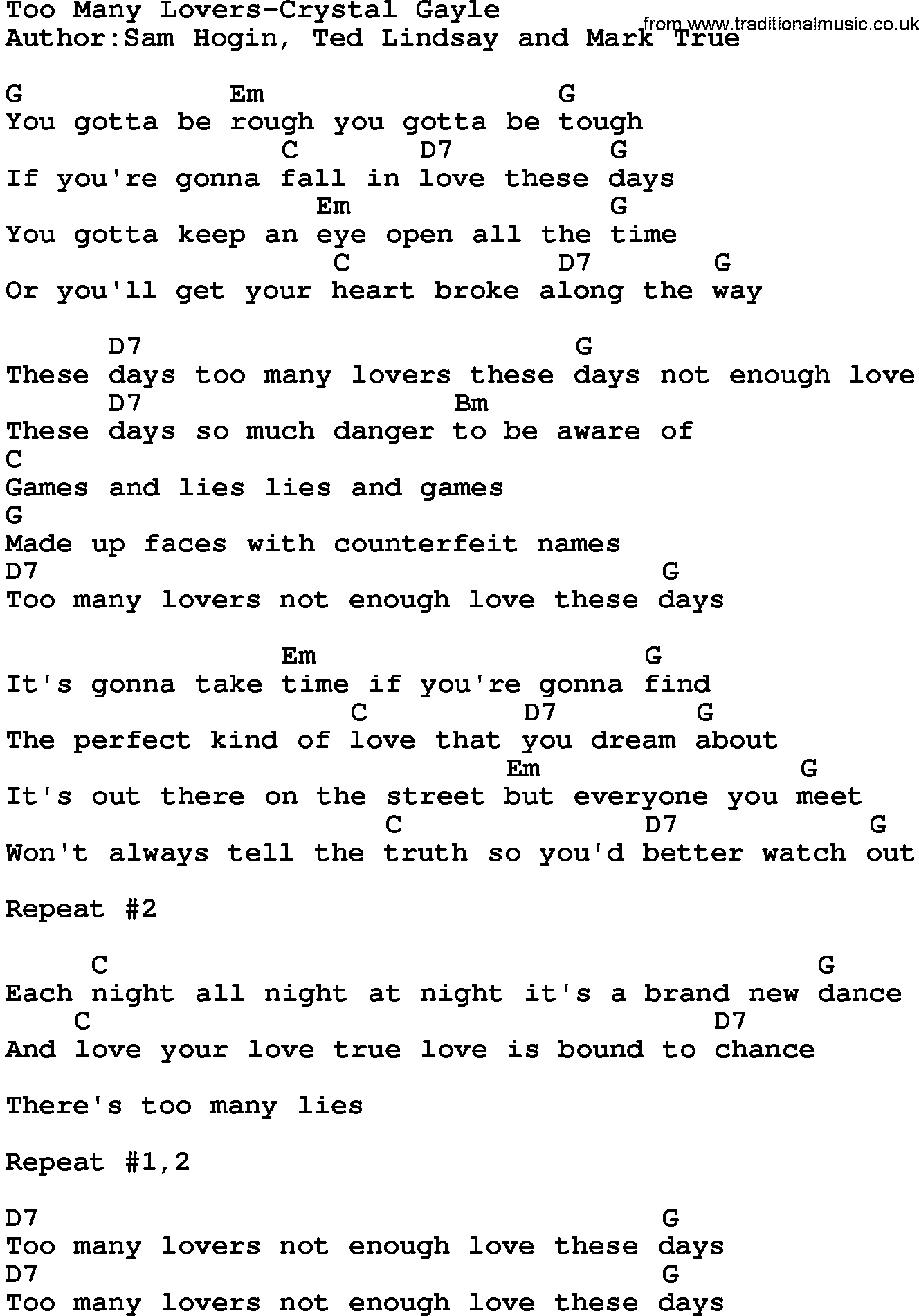 Country music song: Too Many Lovers-Crystal Gayle lyrics and chords