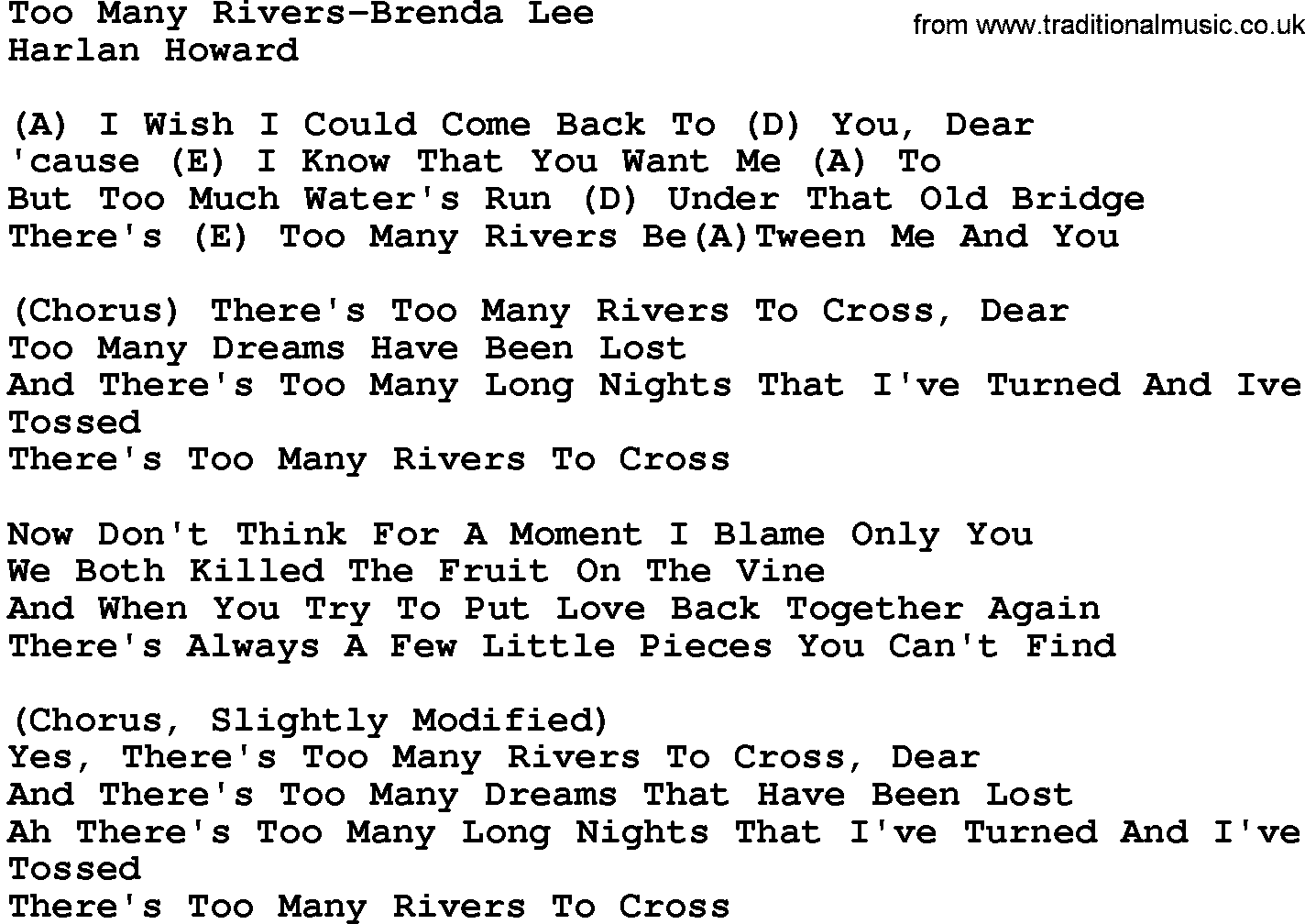 Country music song: Too Many Rivers-Brenda Lee lyrics and chords