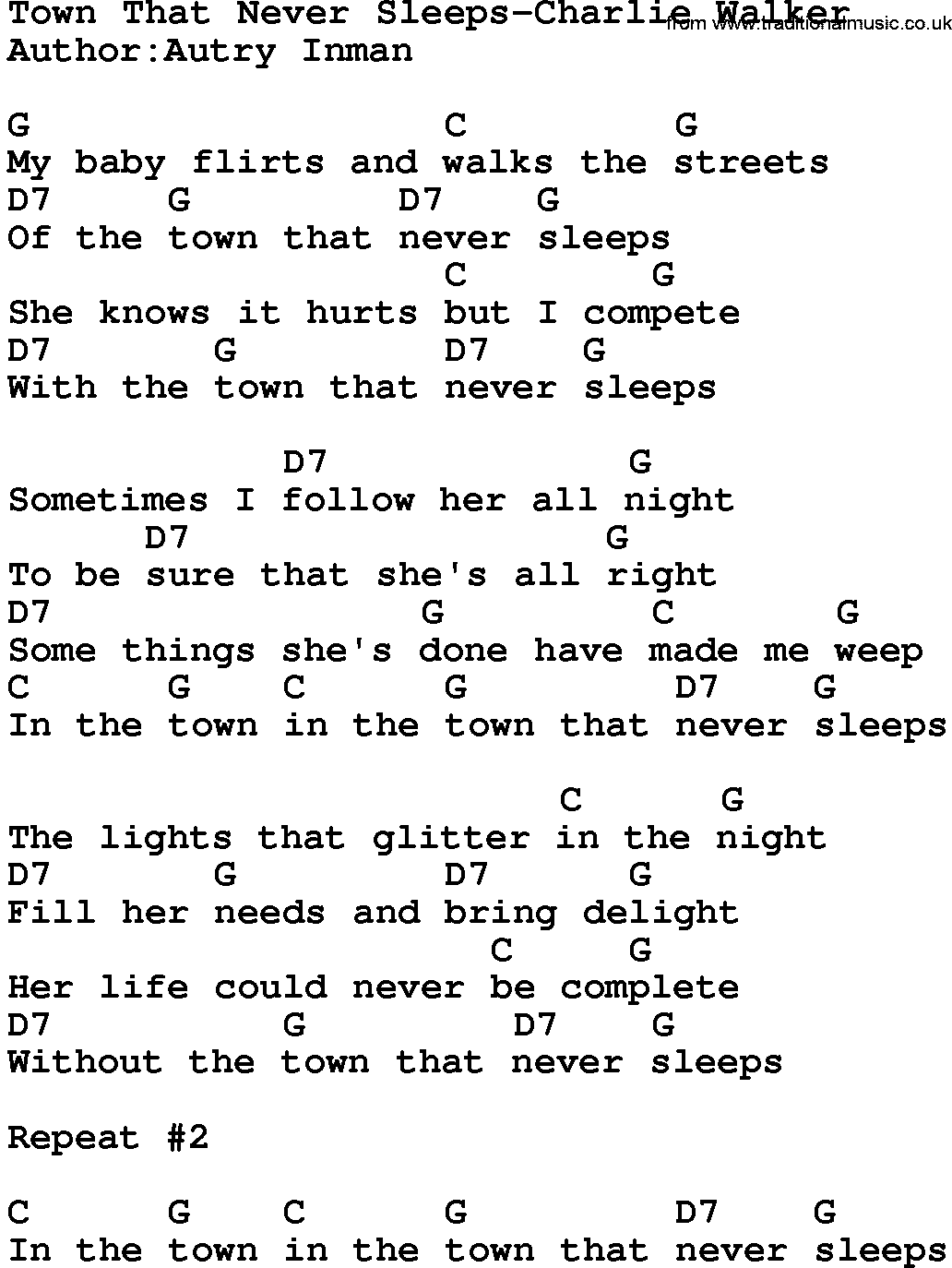 Country music song: Town That Never Sleeps-Charlie Walker lyrics and chords