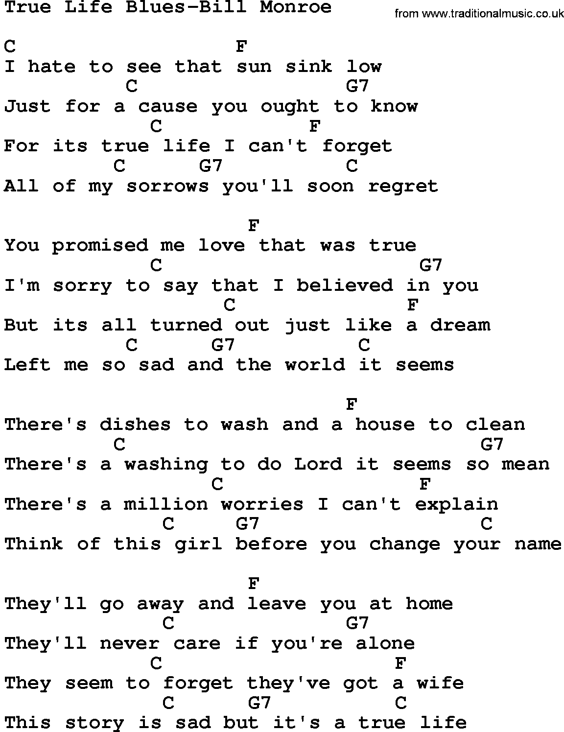 Country music song: True Life Blues-Bill Monroe lyrics and chords