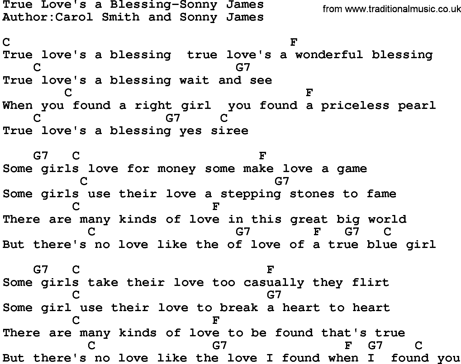Country music song: True Love's A Blessing-Sonny James lyrics and chords