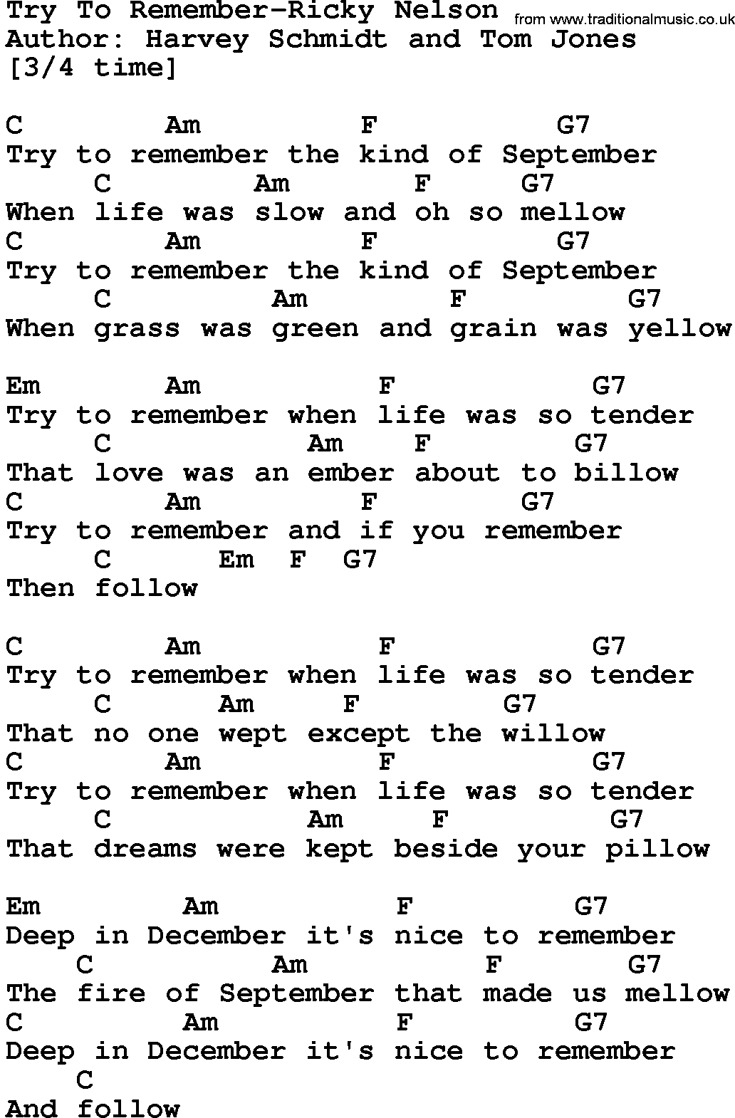 Country music song: Try To Remember-Ricky Nelson lyrics and chords
