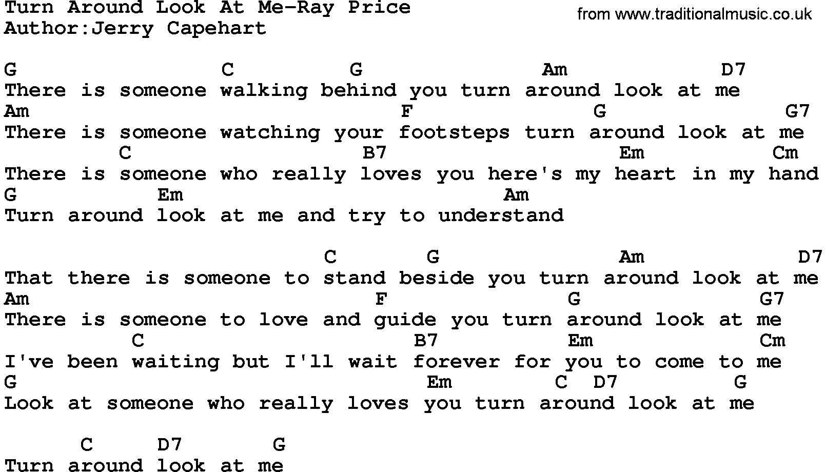 Country music song: Turn Around Look At Me-Ray Price lyrics and chords