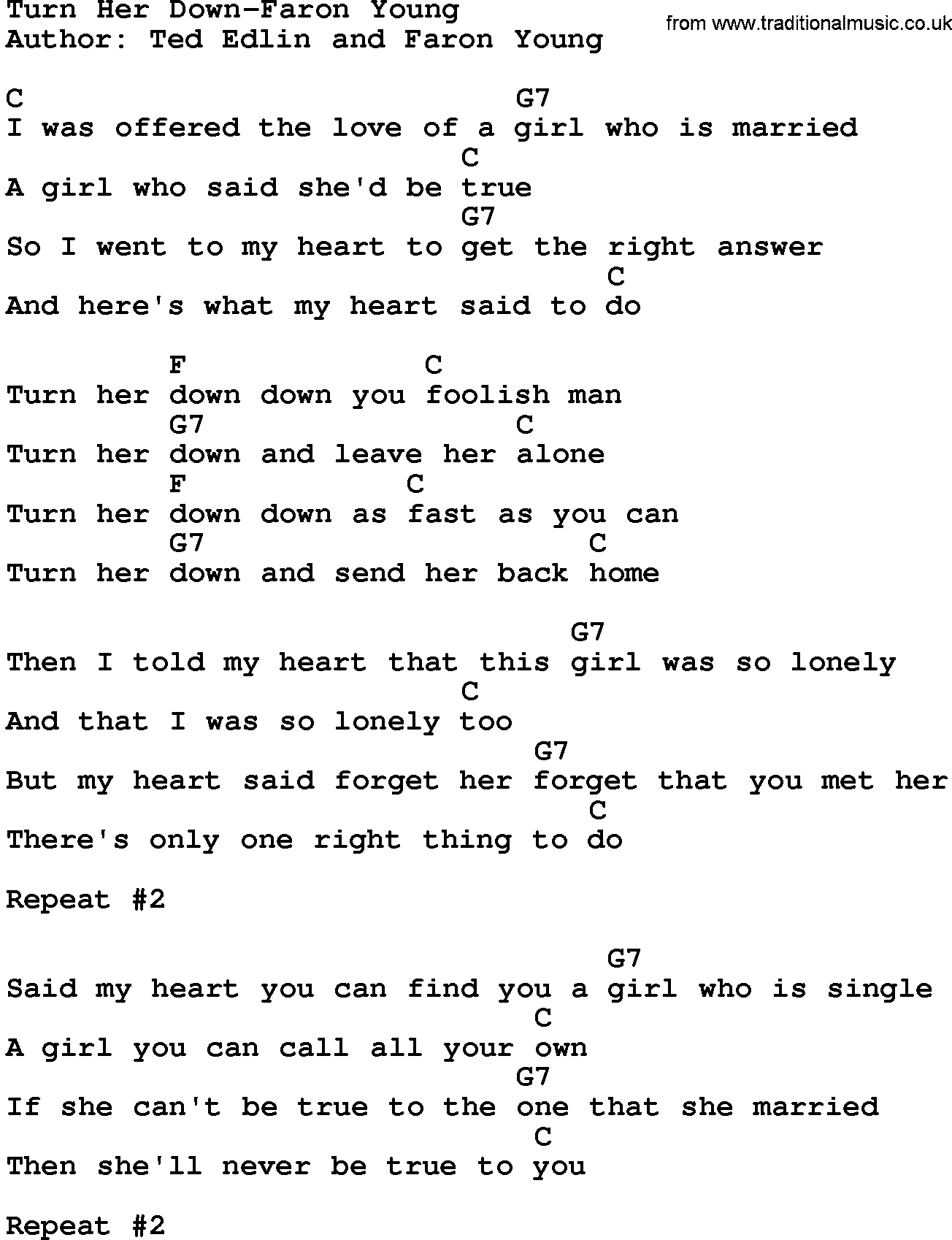 Country music song: Turn Her Down-Faron Young lyrics and chords