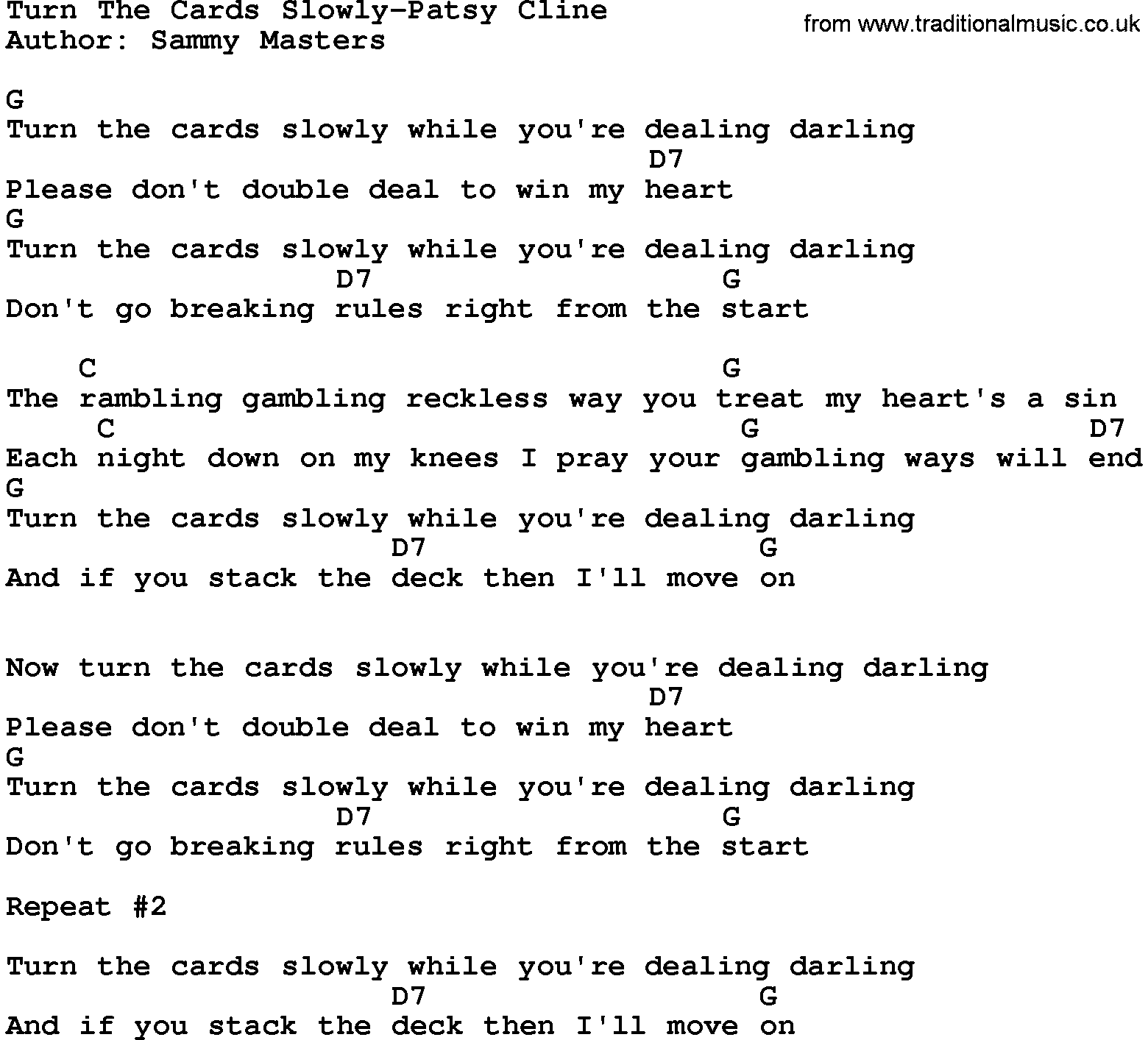 Country music song: Turn The Cards Slowly-Patsy Cline lyrics and chords