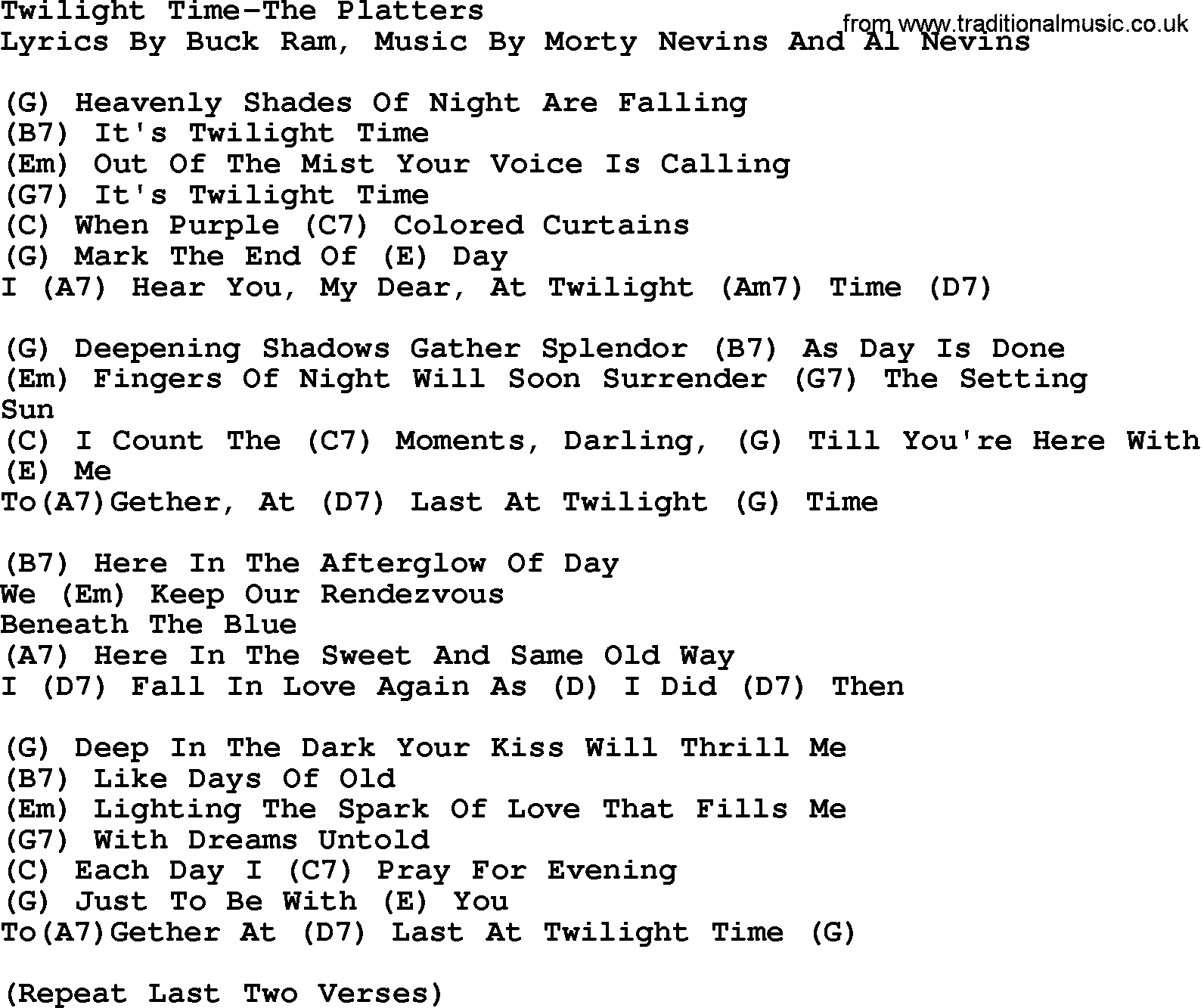 Country music song: Twilight Time-The Platters lyrics and chords