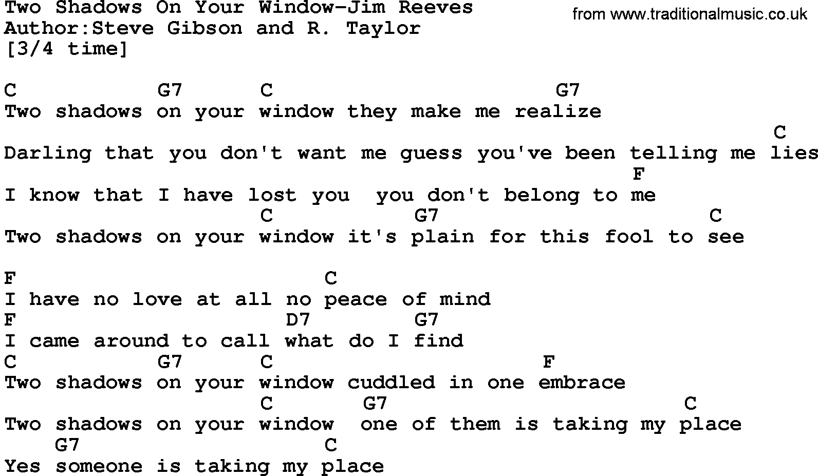 Country music song: Two Shadows On Your Window-Jim Reeves lyrics and chords