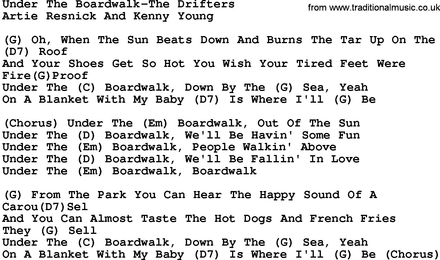 Country music song: Under The Boardwalk-The Drifters lyrics and chords