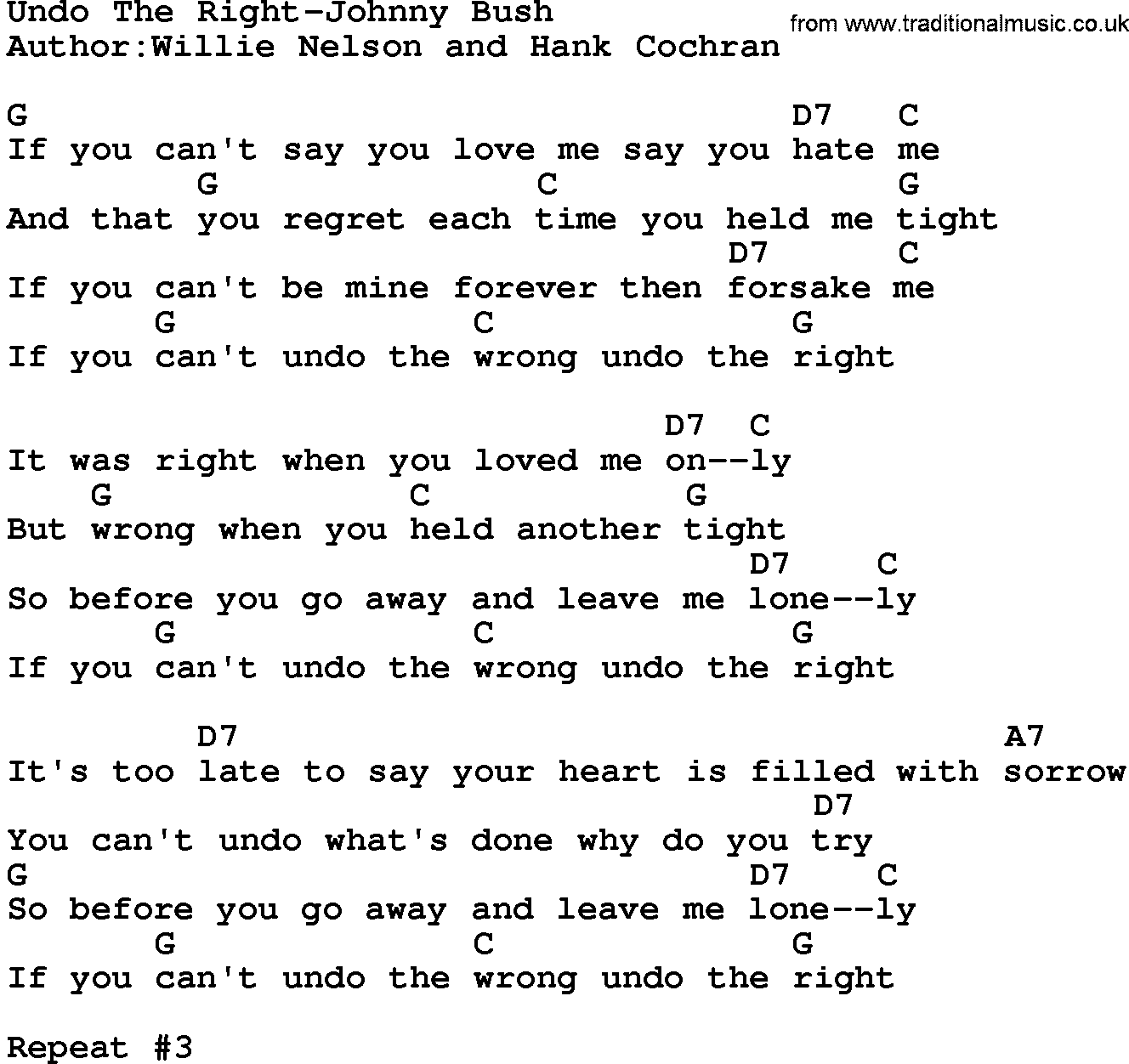 Country music song: Undo The Right-Johnny Bush lyrics and chords